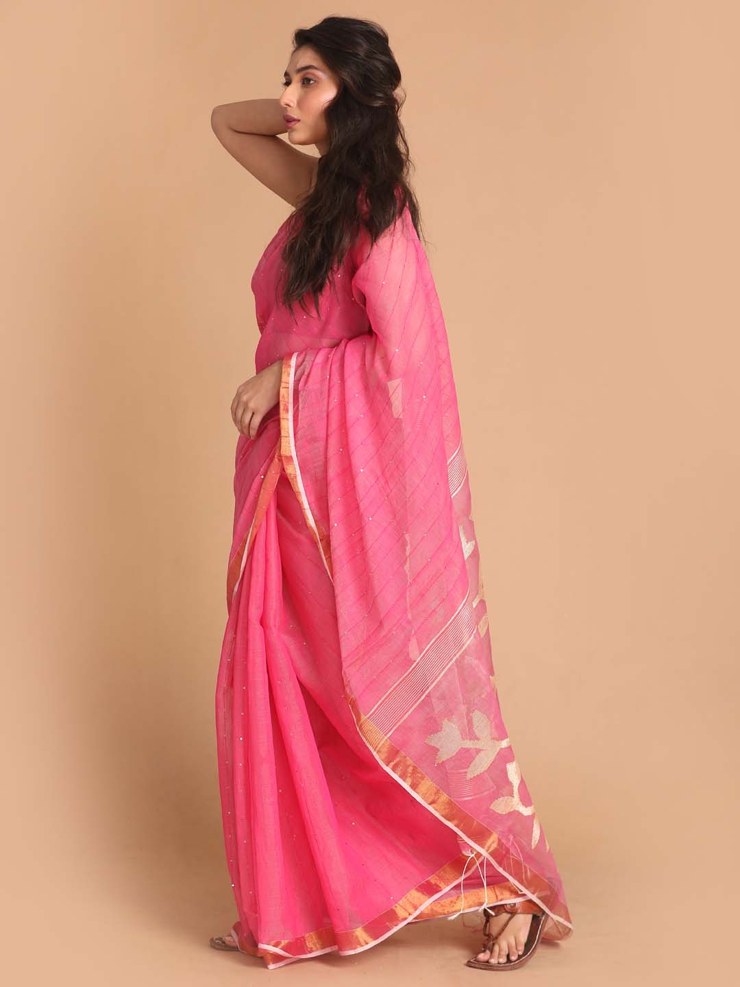 Indethnic Pink Bengal Handloom Cotton Blend Work Saree - View 2