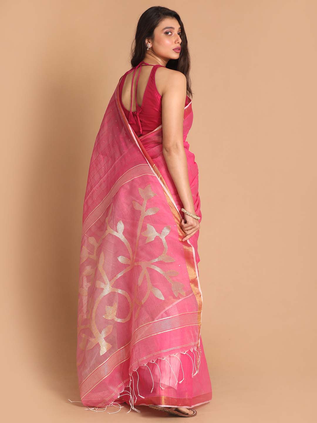 Indethnic Pink Bengal Handloom Cotton Blend Work Saree - View 3