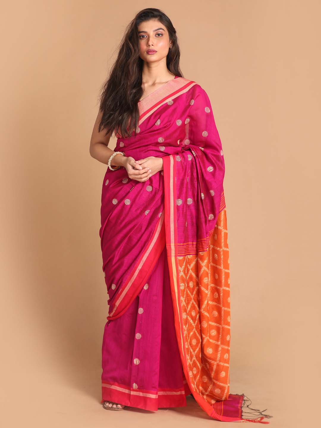 Indethnic Pink Bengal Handloom Cotton Blend Work Saree - View 1