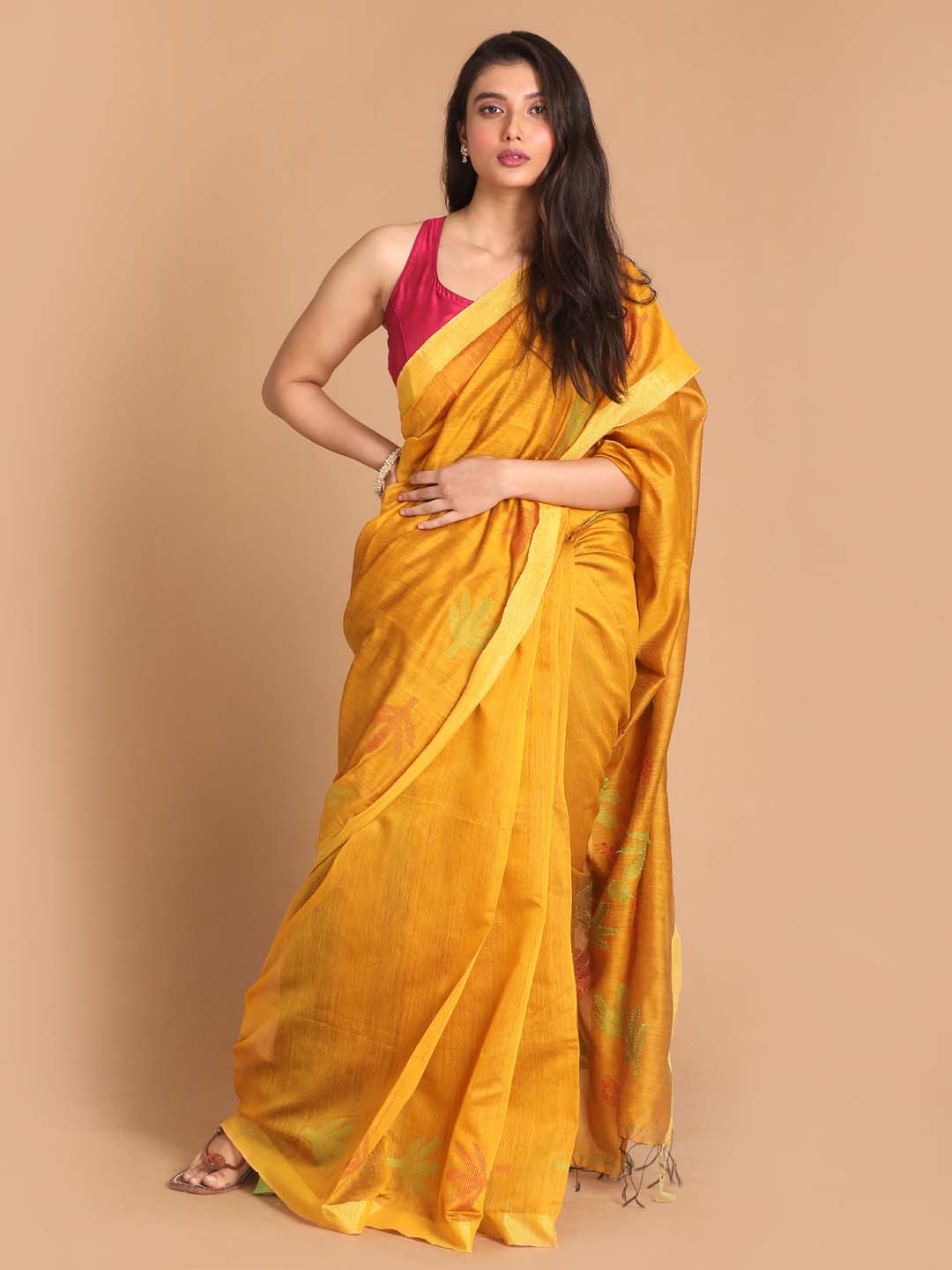 Indethnic Yellow Bengal Handloom Cotton Blend Work Saree - View 1