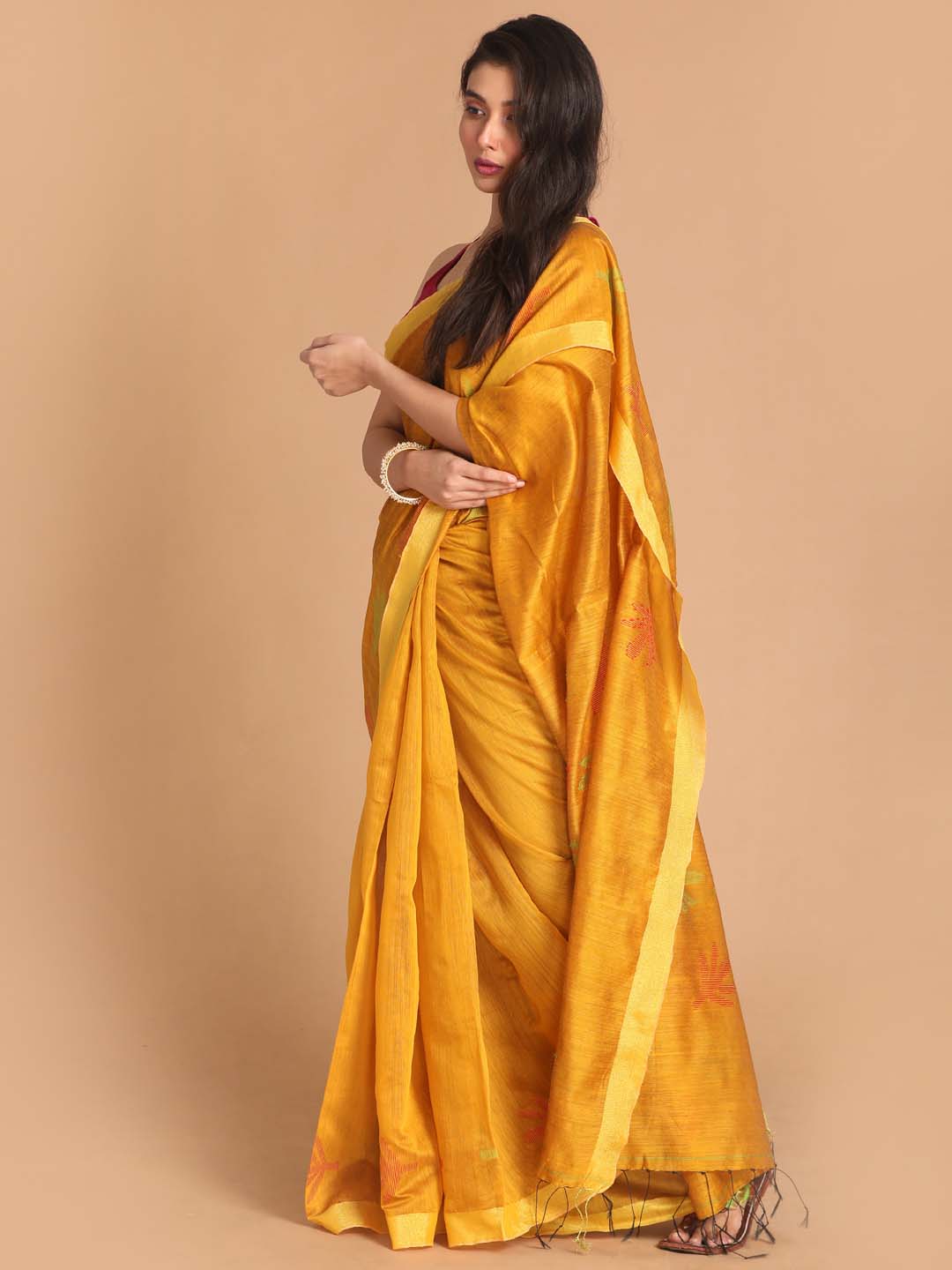 Indethnic Yellow Bengal Handloom Cotton Blend Work Saree - View 2