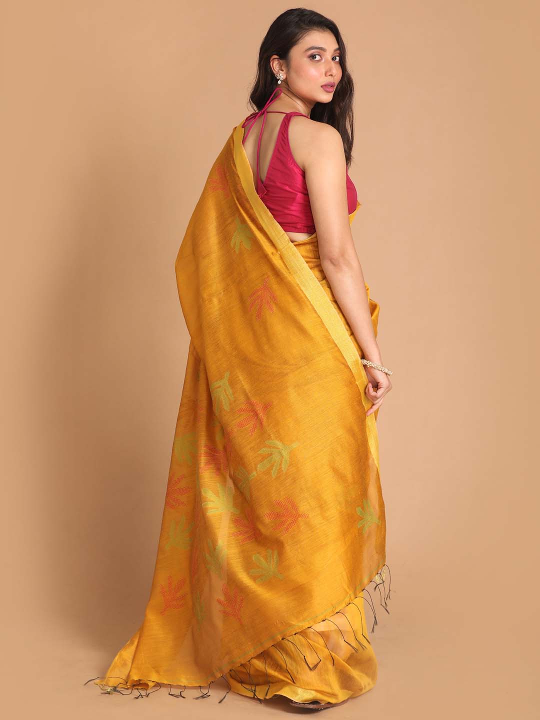 Indethnic Yellow Bengal Handloom Cotton Blend Work Saree - View 3