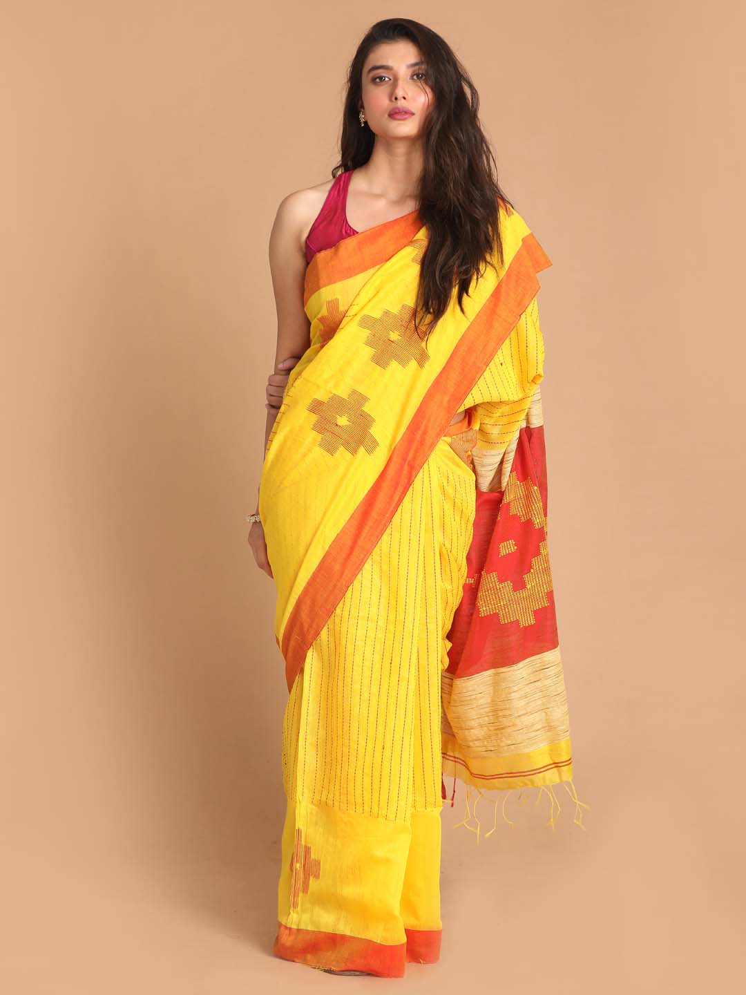 Indethnic Yellow Bengal Handloom Cotton Blend Work Saree - View 1