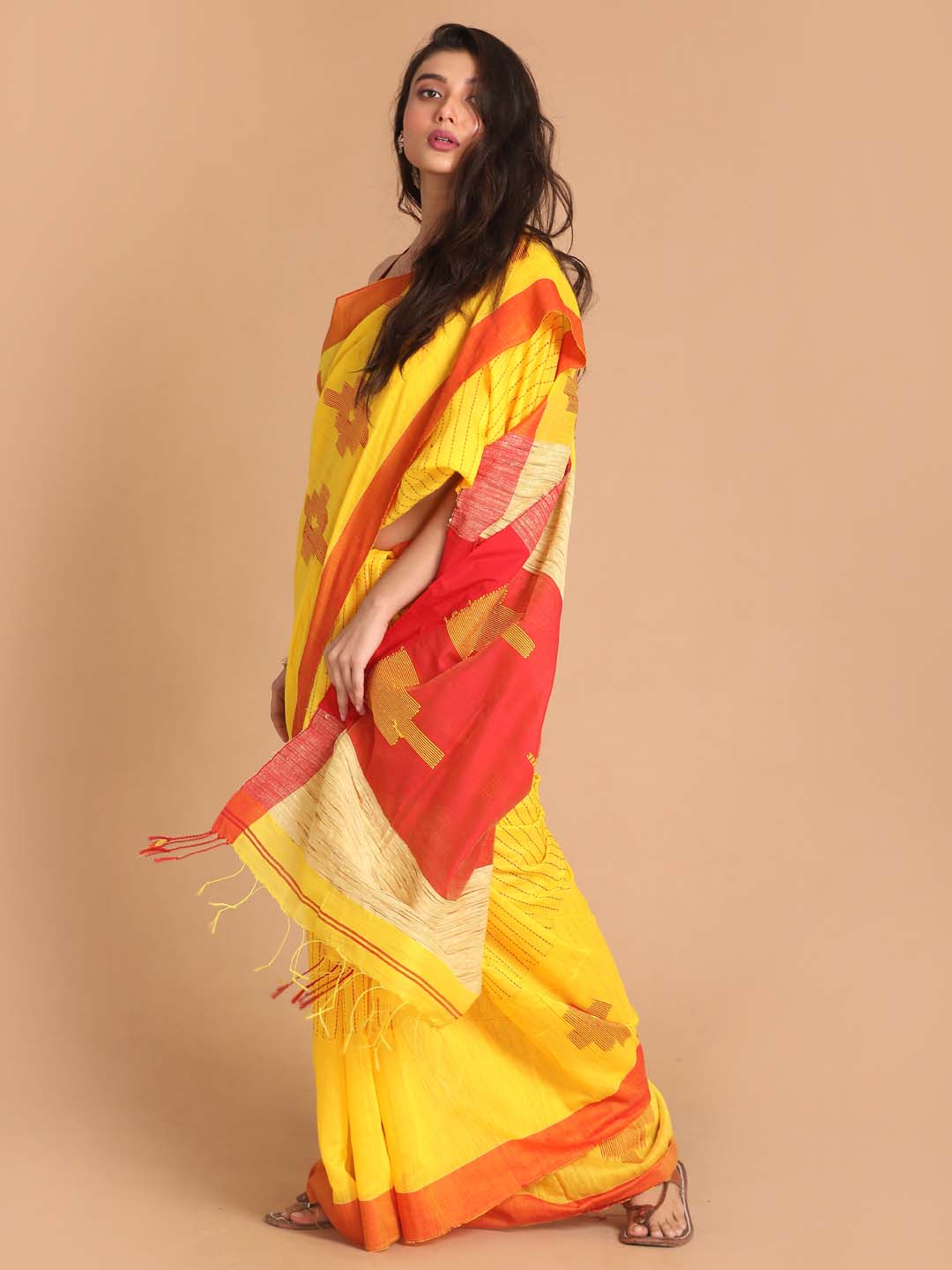 Indethnic Yellow Bengal Handloom Cotton Blend Work Saree - View 2