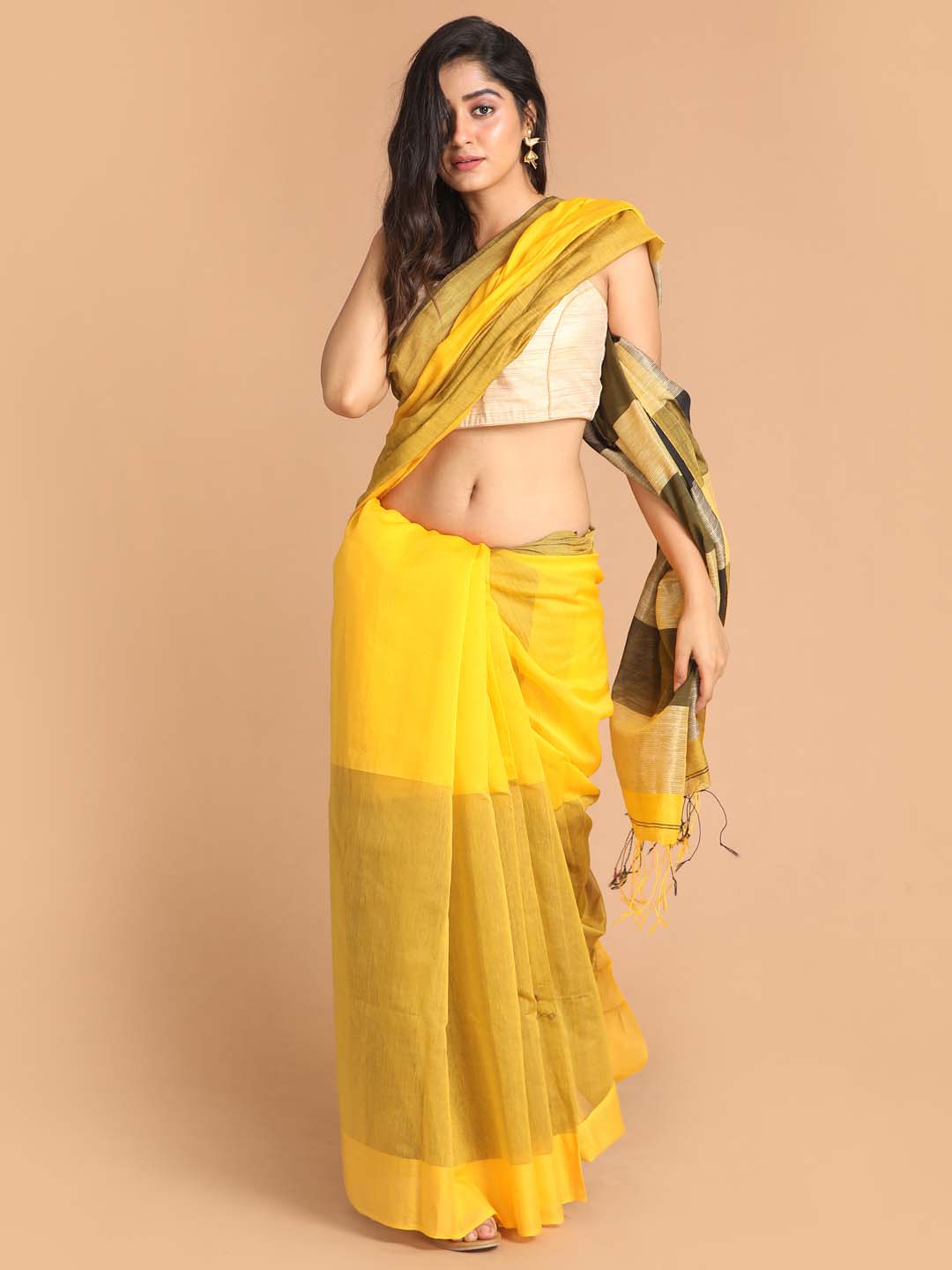 Indethnic Yellow Bengal Handloom Cotton Blend Work Saree - View 1