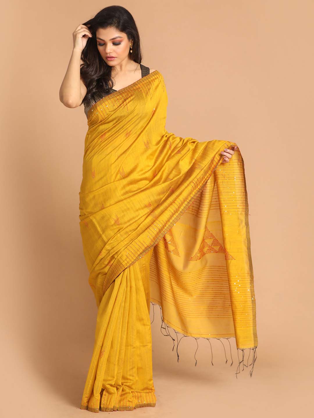 Indethnic Yellow Bengal Handloom Cotton Blend Work Saree - View 1