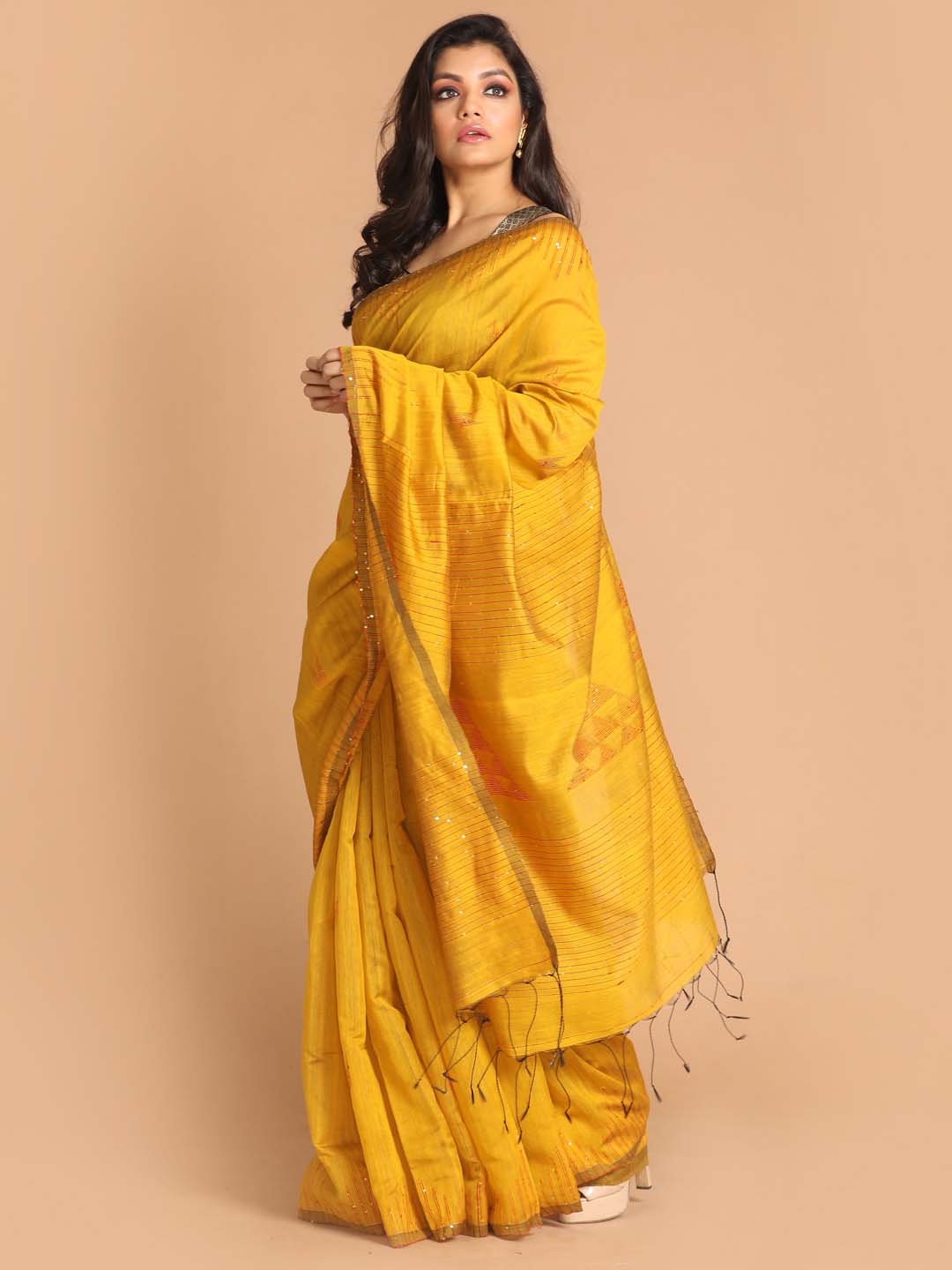 Indethnic Yellow Bengal Handloom Cotton Blend Work Saree - View 2