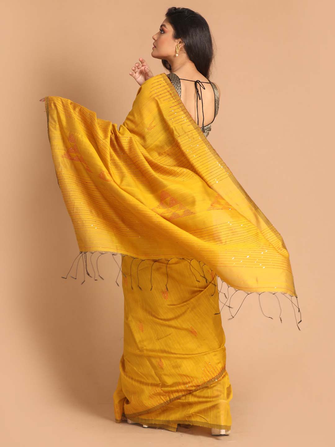 Indethnic Yellow Bengal Handloom Cotton Blend Work Saree - View 3