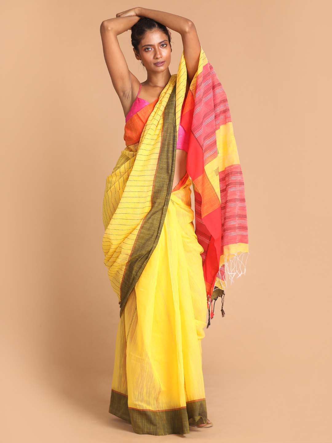 Indethnic Yellow Bengal Handloom Cotton Blend Work Saree - View 1