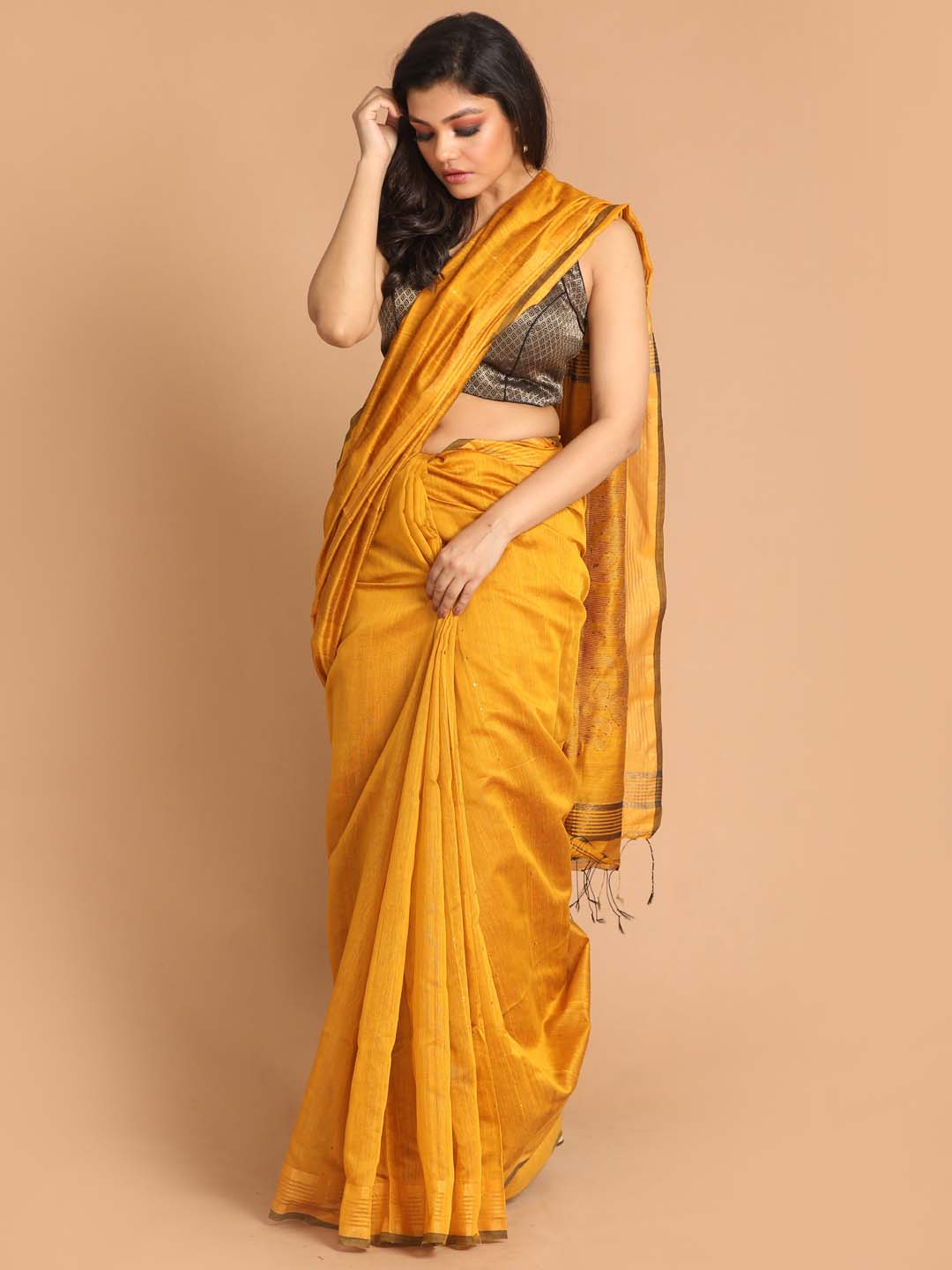 Indethnic Yellow Bengal Handloom Cotton Blend Party Saree - View 1