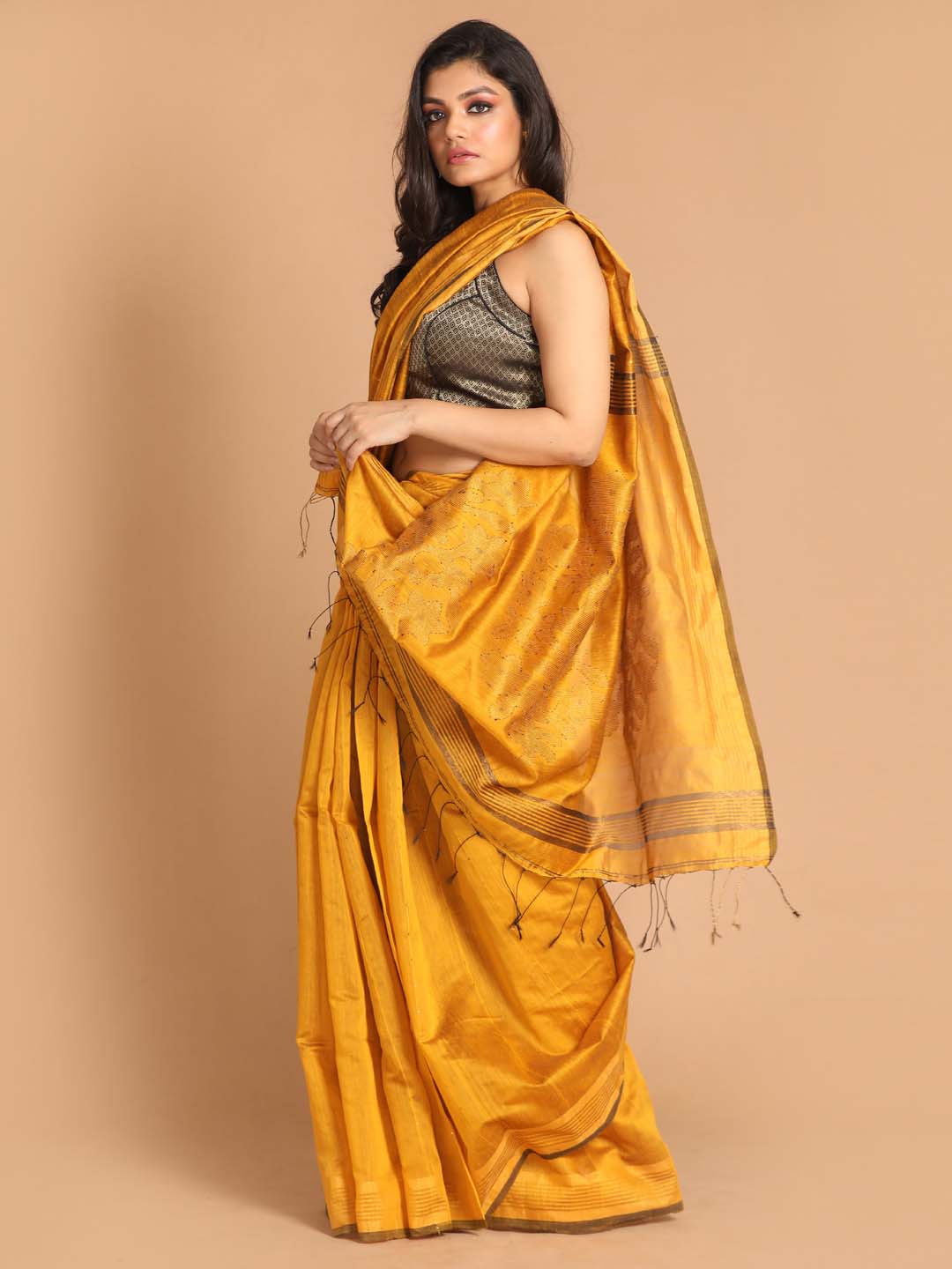 Indethnic Yellow Bengal Handloom Cotton Blend Party Saree - View 2