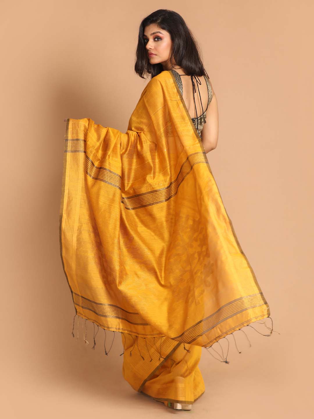 Indethnic Yellow Bengal Handloom Cotton Blend Party Saree - View 3