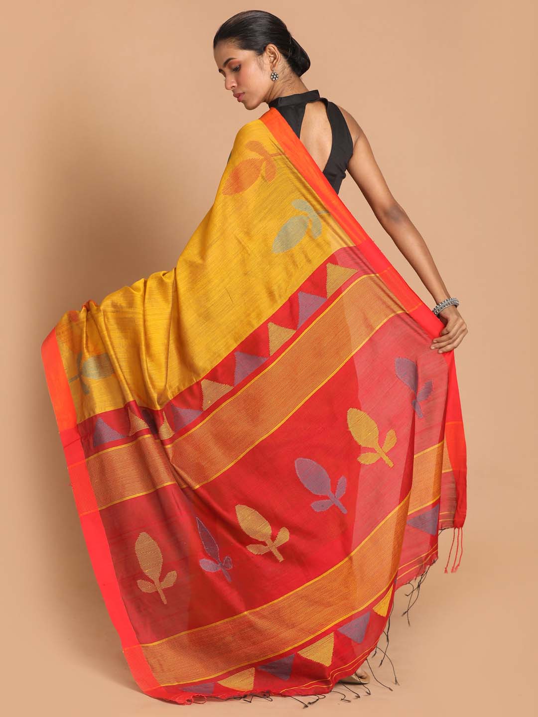 Indethnic Yellow Bengal Handloom Cotton Blend Work Saree - View 3