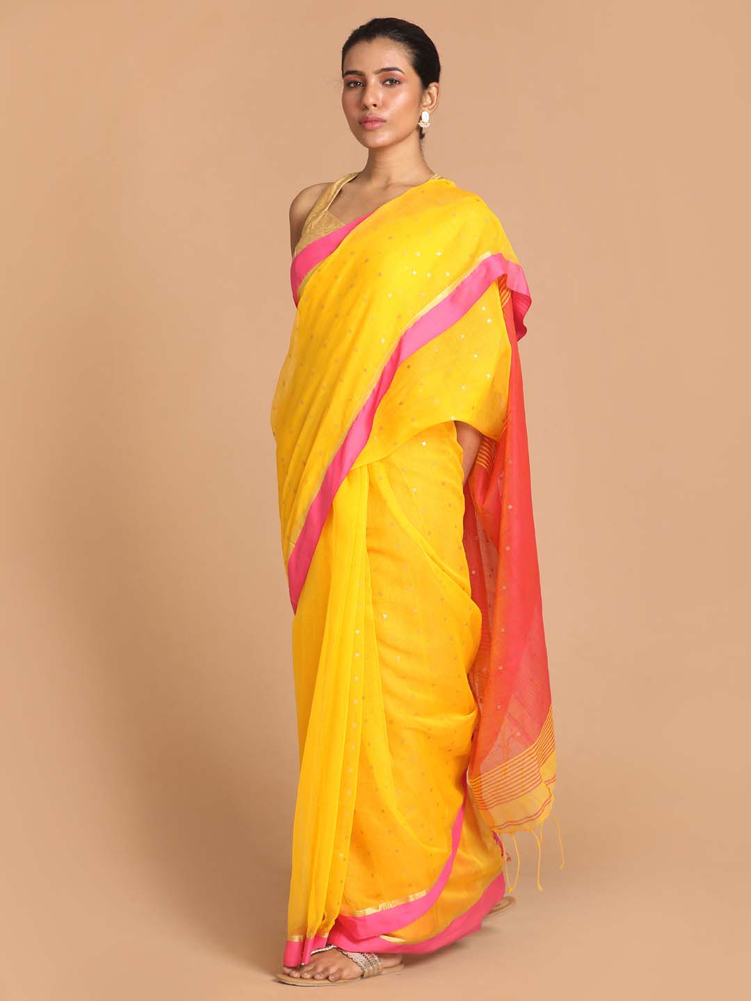 Indethnic Yellow Bengal Handloom Cotton Blend Work Saree - View 1