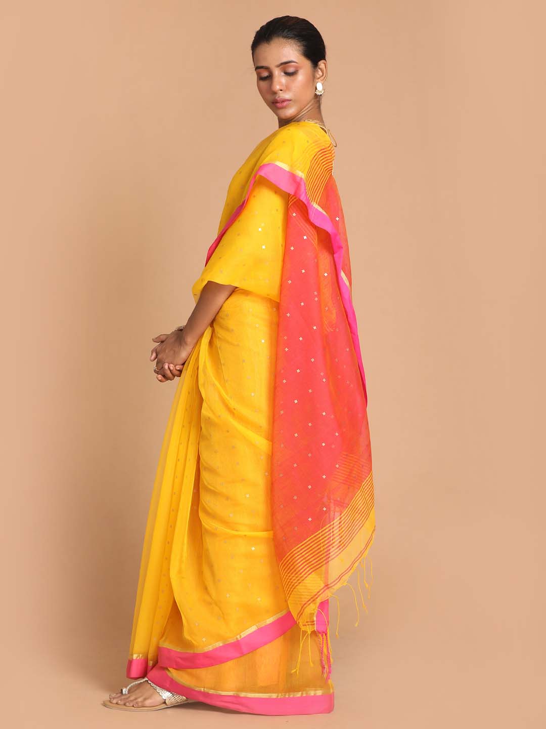 Indethnic Yellow Bengal Handloom Cotton Blend Work Saree - View 2