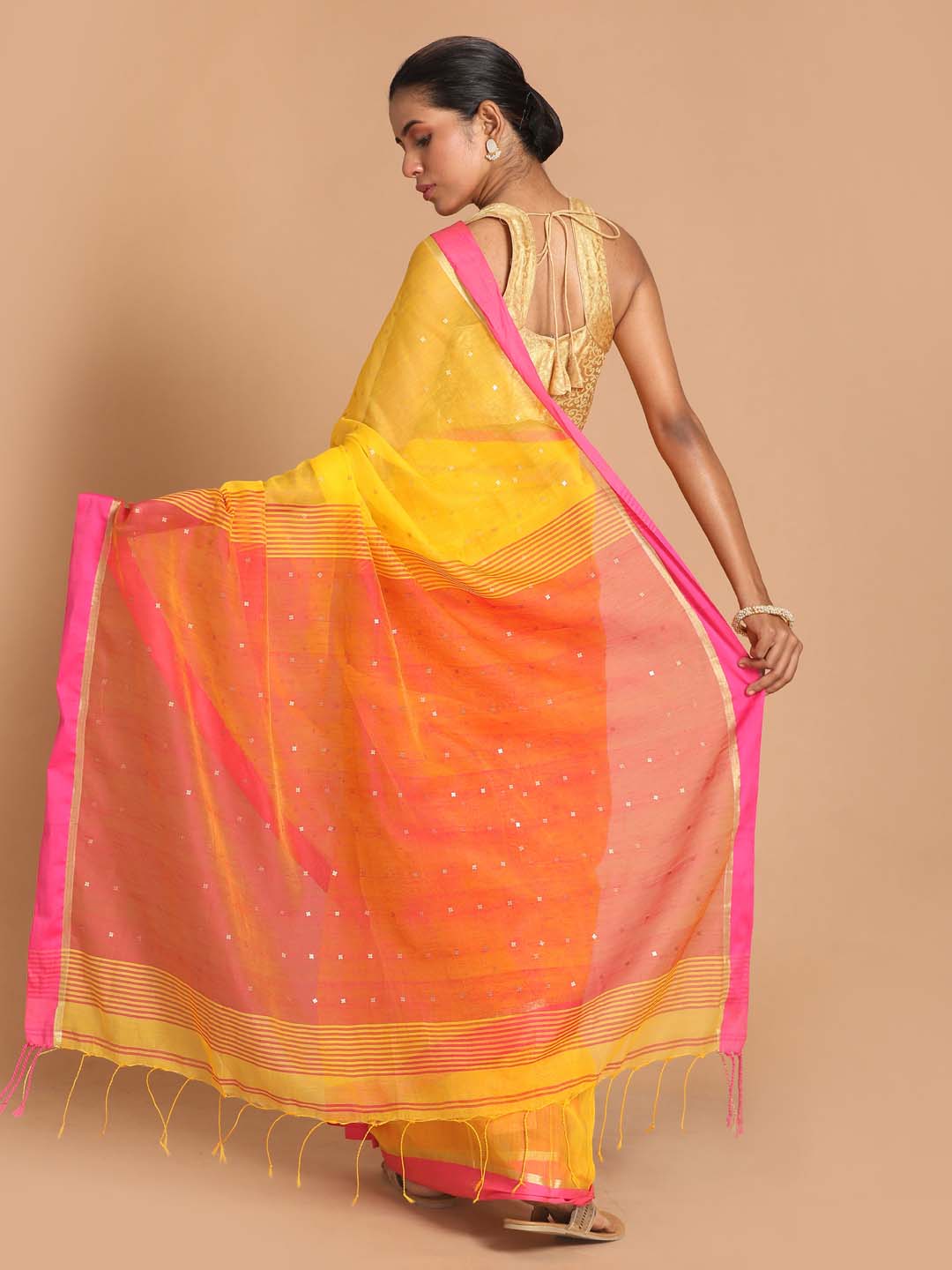 Indethnic Yellow Bengal Handloom Cotton Blend Work Saree - View 3