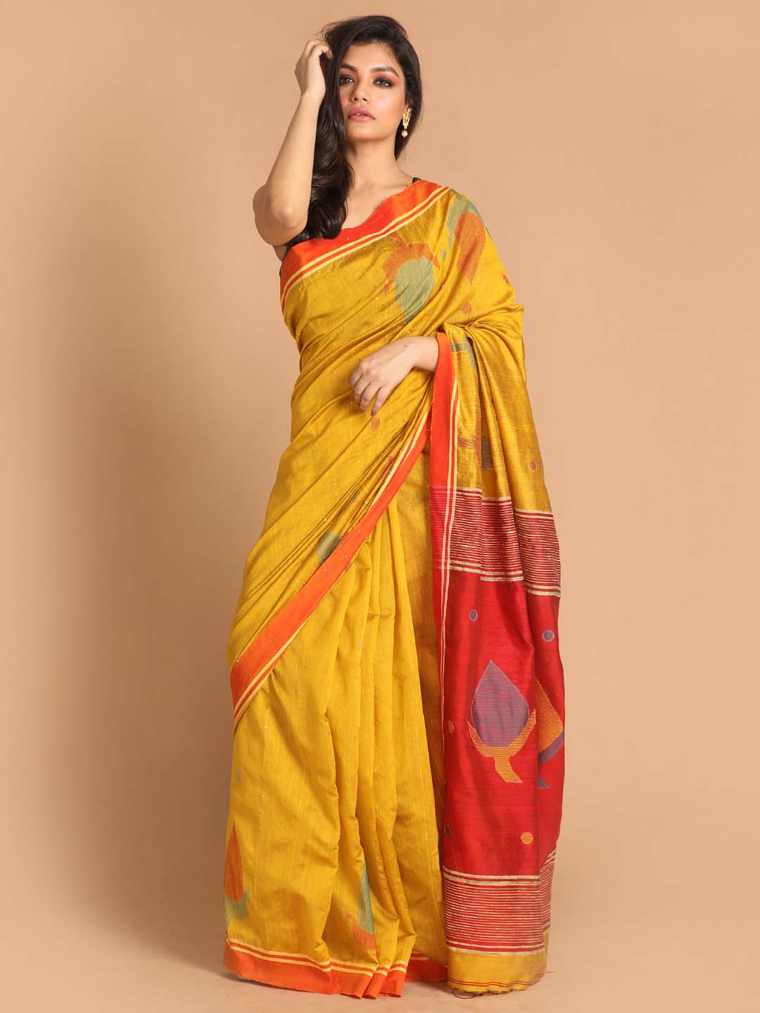 Indethnic Yellow Bengal Handloom Cotton Blend Work Saree - View 1