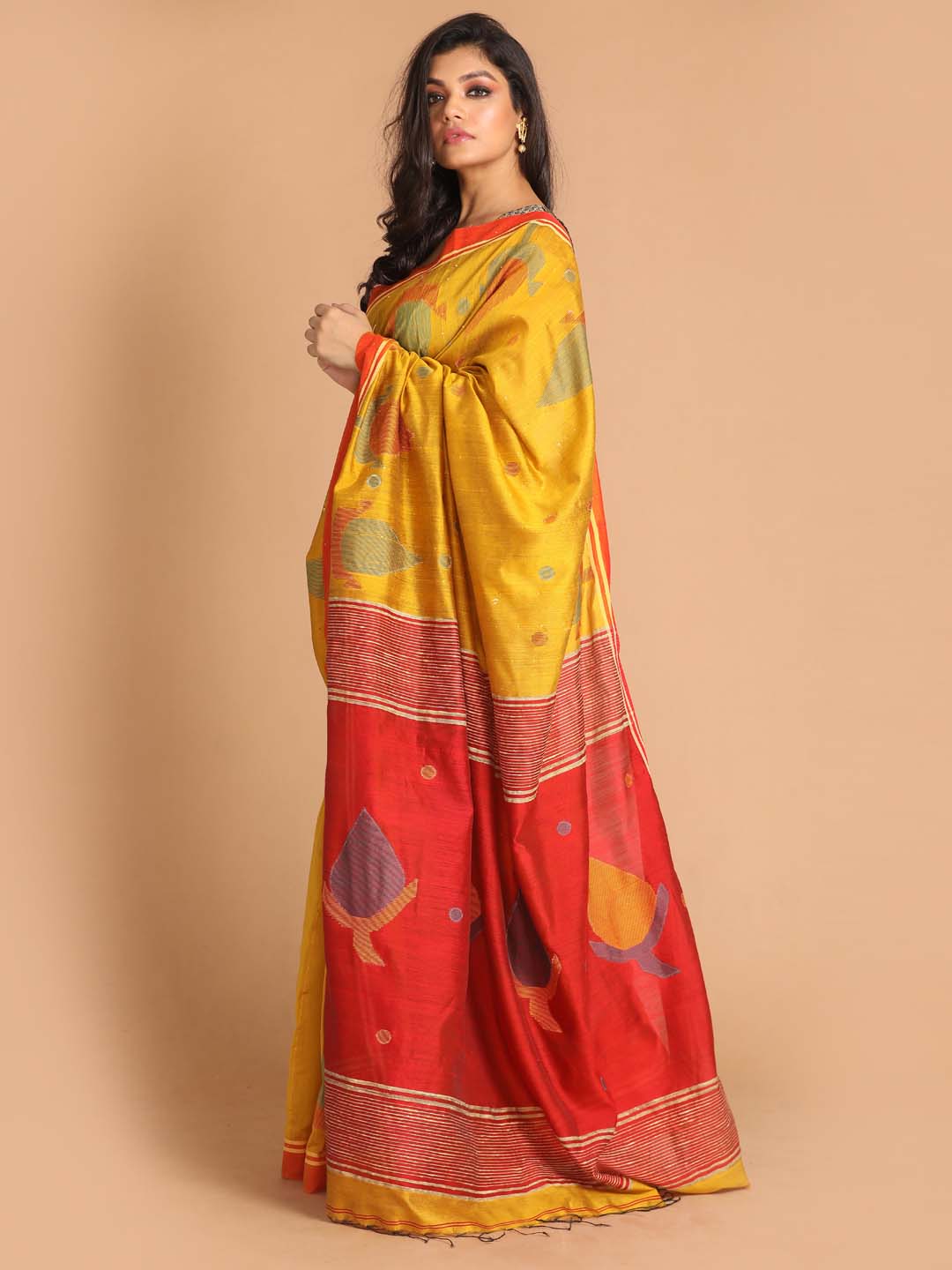 Indethnic Yellow Bengal Handloom Cotton Blend Work Saree - View 2