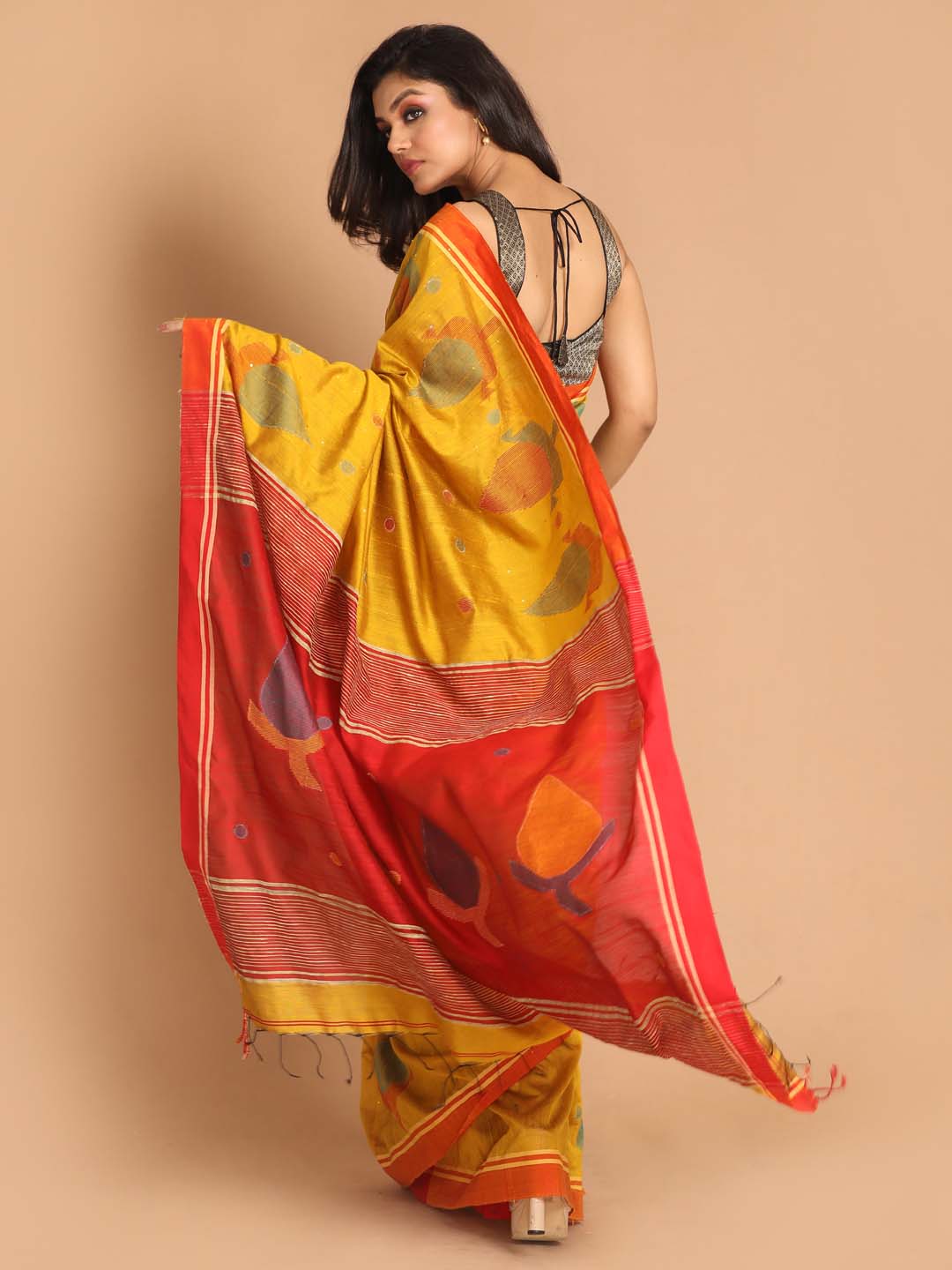 Indethnic Yellow Bengal Handloom Cotton Blend Work Saree - View 3