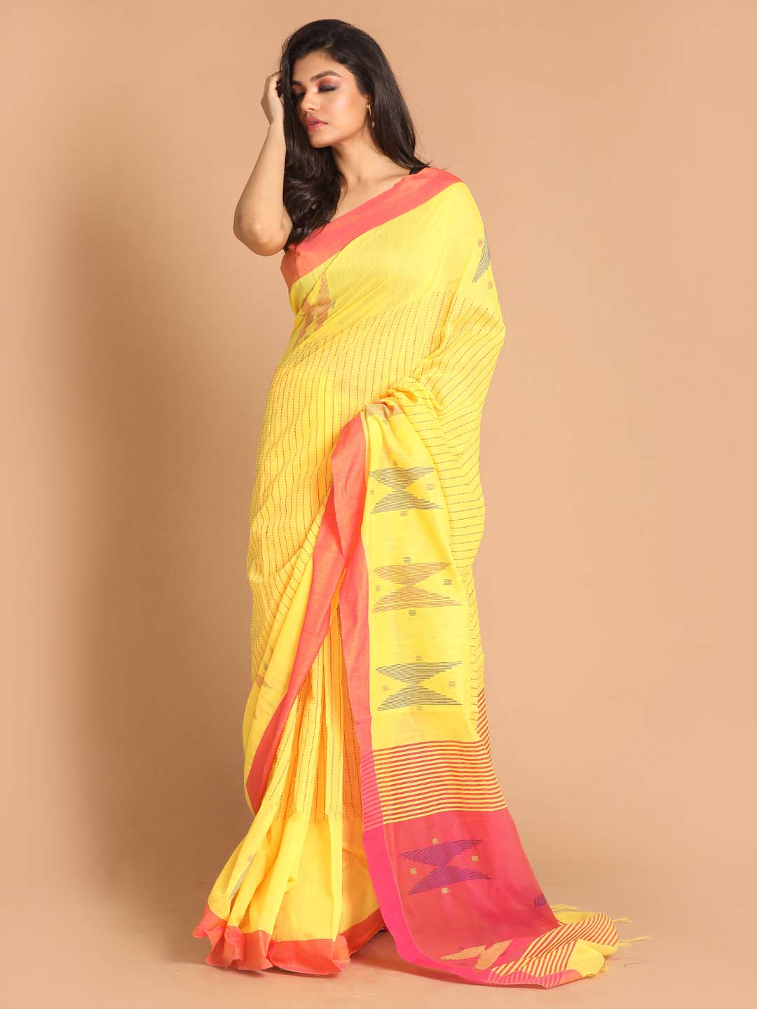 Indethnic Yellow Bengal Handloom Cotton Blend Work Saree - View 1