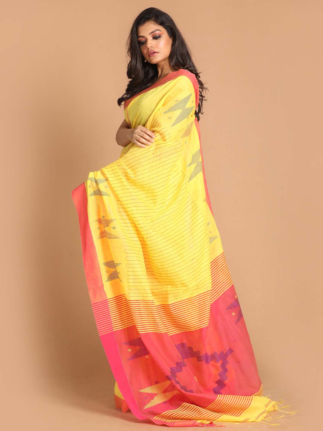 Indethnic Yellow Bengal Handloom Cotton Blend Work Saree - View 2