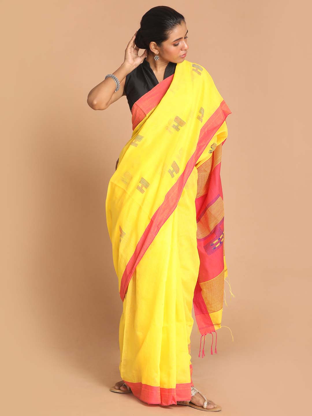 Indethnic Yellow Bengal Handloom Cotton Blend Work Saree - View 1