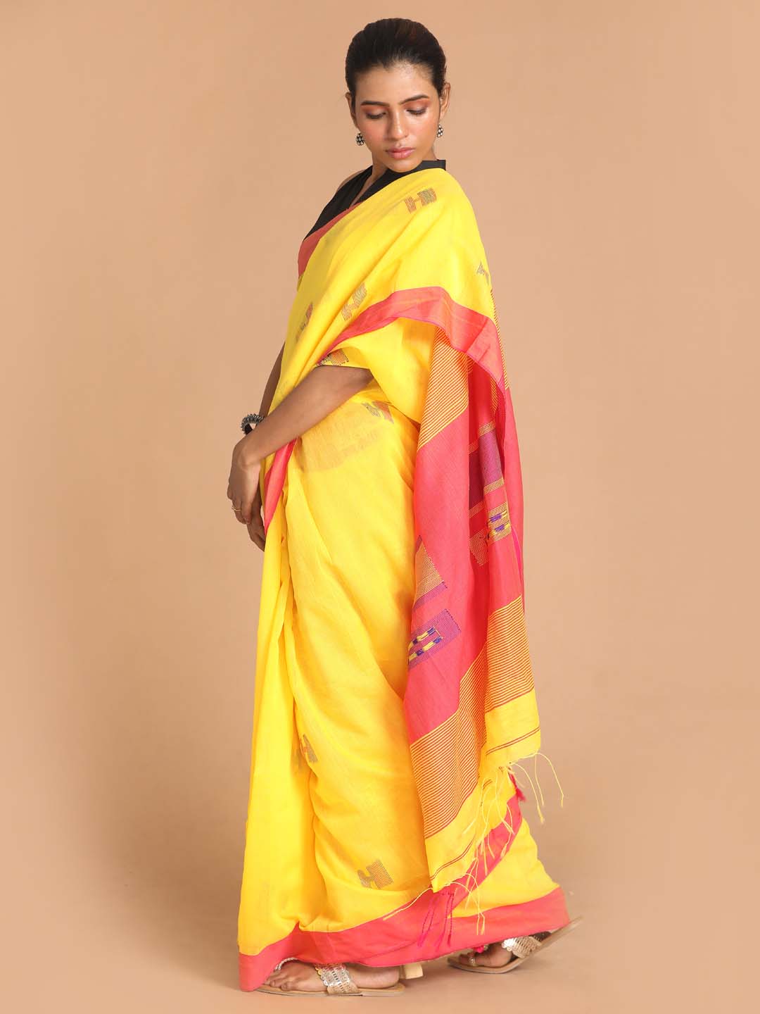 Indethnic Yellow Bengal Handloom Cotton Blend Work Saree - View 2