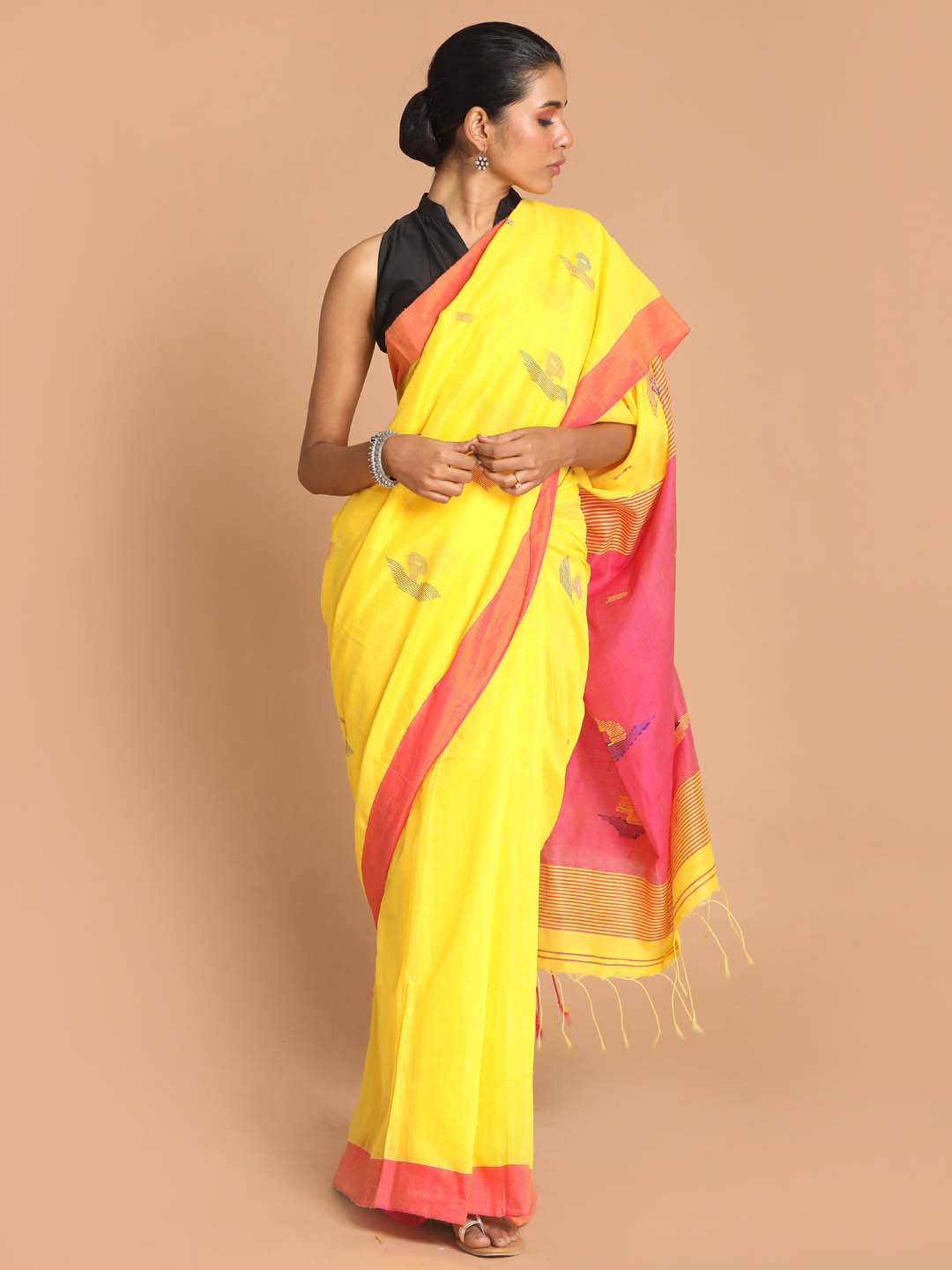 Indethnic Yellow Bengal Handloom Cotton Blend Work Saree - View 1