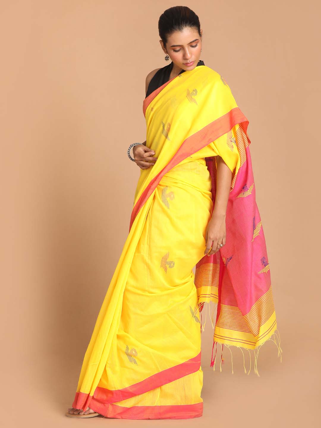 Indethnic Yellow Bengal Handloom Cotton Blend Work Saree - View 2