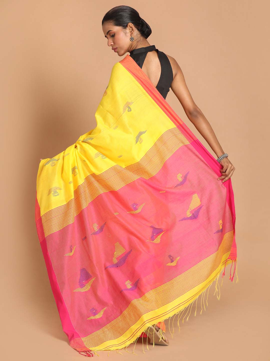 Indethnic Yellow Bengal Handloom Cotton Blend Work Saree - View 3