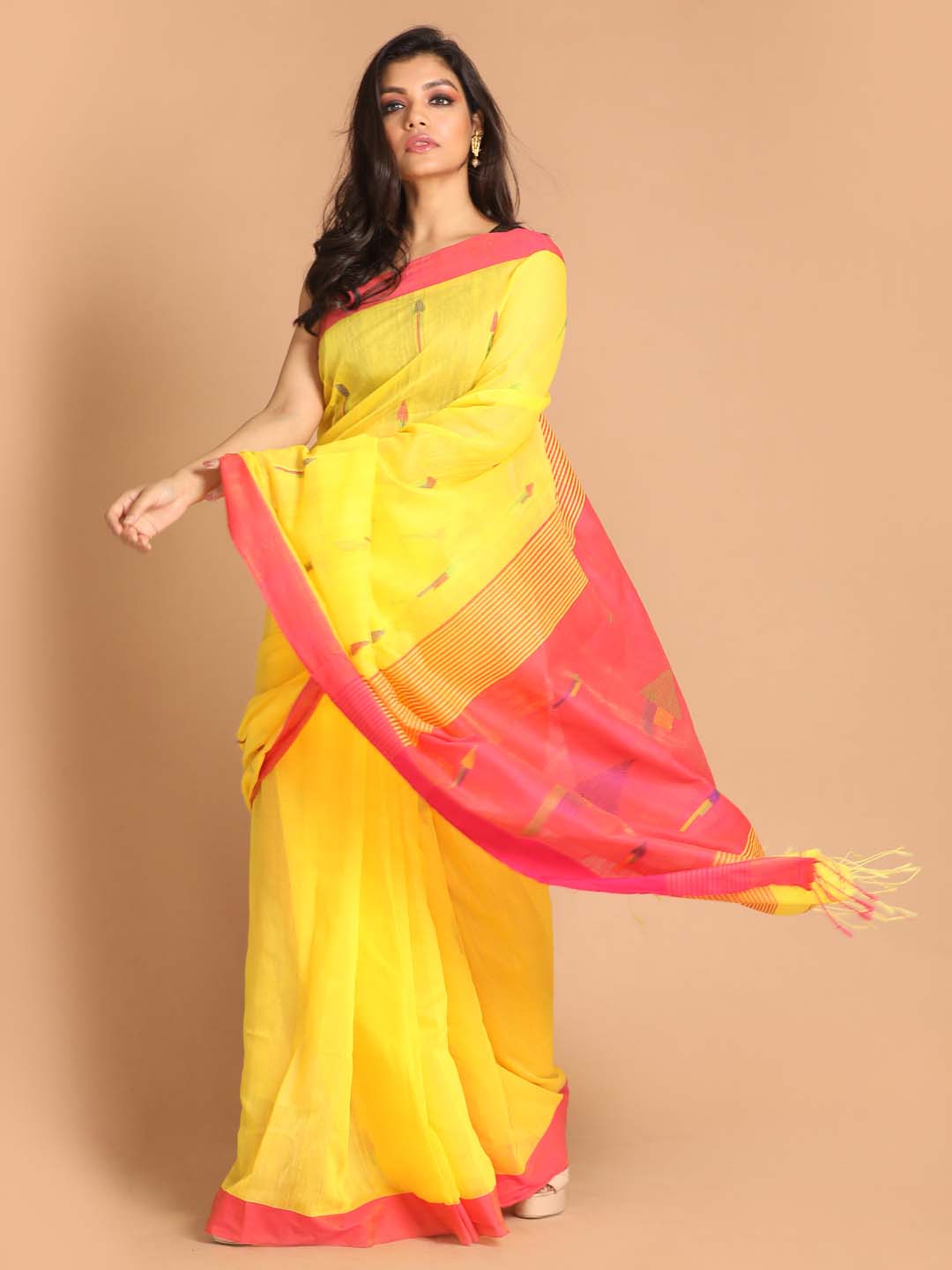 Indethnic Yellow Bengal Handloom Cotton Blend Work Saree - View 1