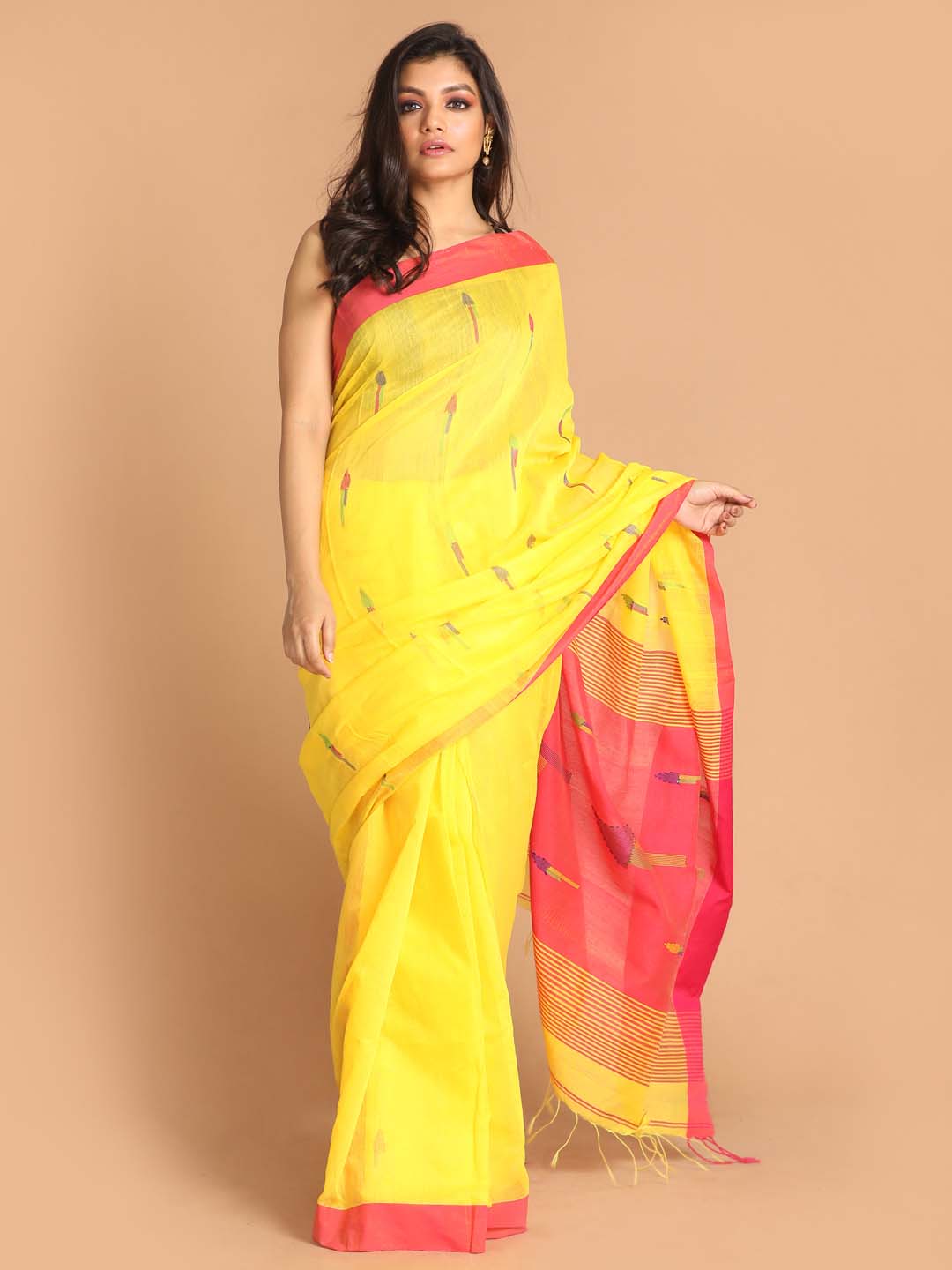 Indethnic Yellow Bengal Handloom Cotton Blend Work Saree - View 2