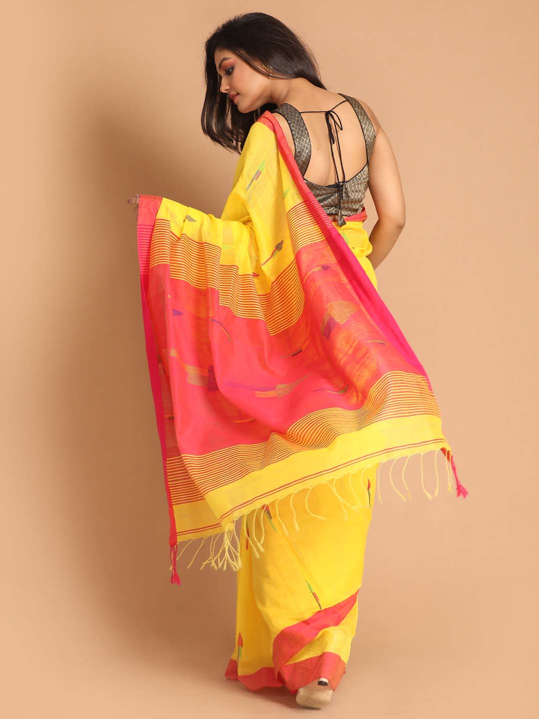 Indethnic Yellow Bengal Handloom Cotton Blend Work Saree - View 3