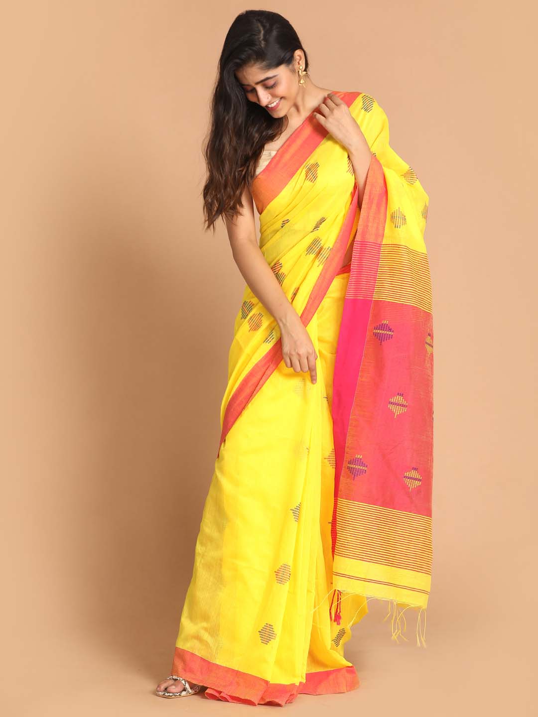 Indethnic Yellow Bengal Handloom Cotton Blend Work Saree - View 1