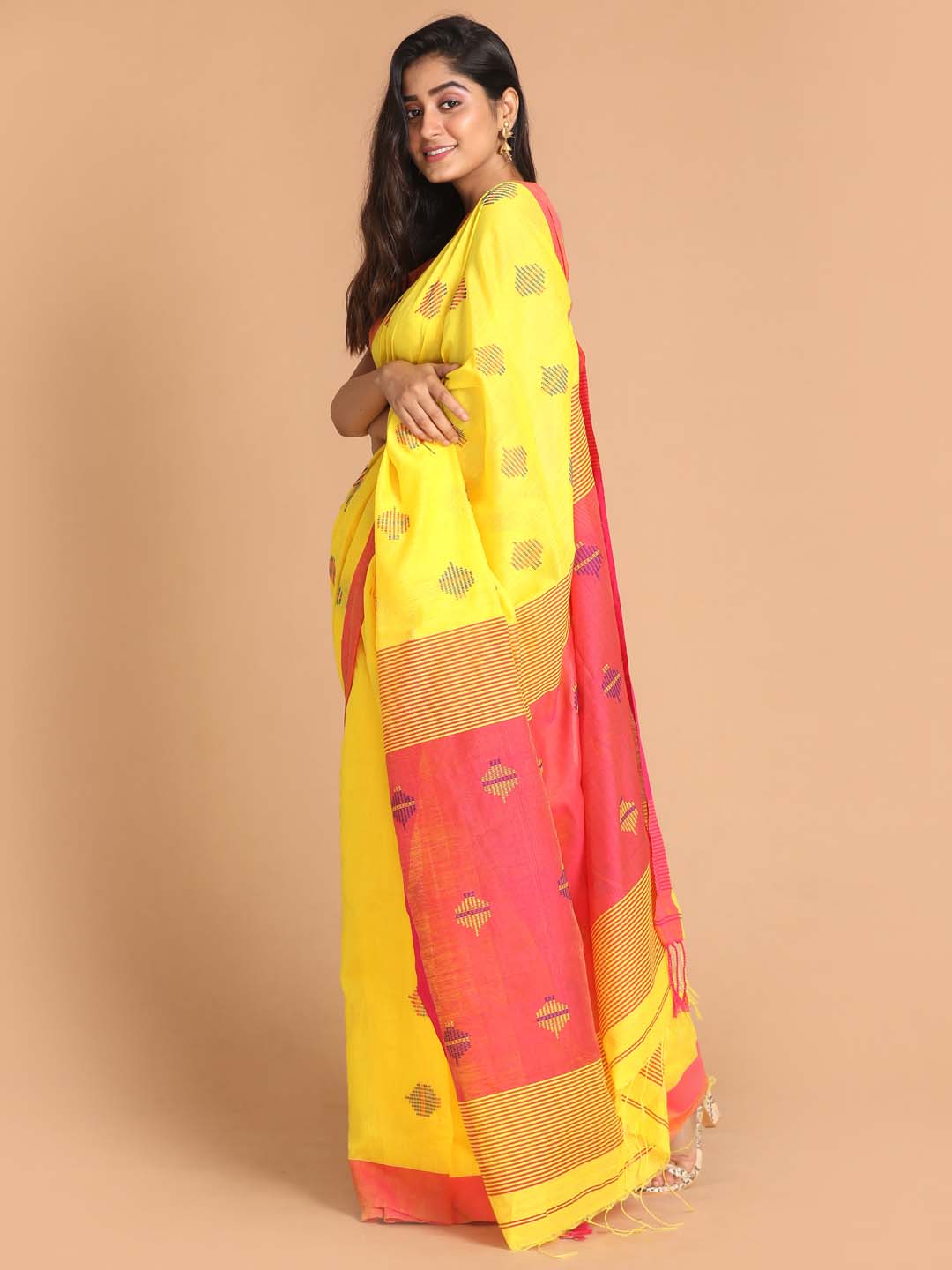 Indethnic Yellow Bengal Handloom Cotton Blend Work Saree - View 1