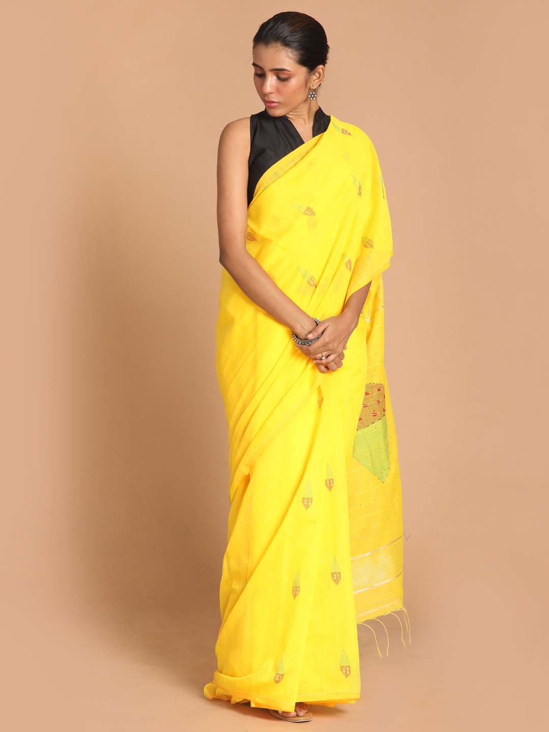 Indethnic Yellow Bengal Handloom Cotton Blend Work Saree - View 1