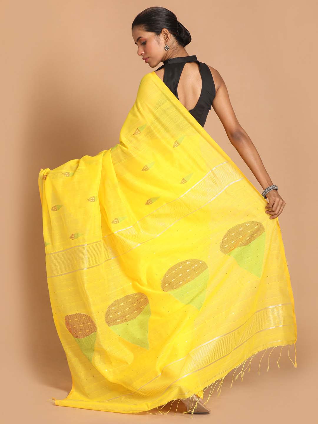 Indethnic Yellow Bengal Handloom Cotton Blend Work Saree - View 3