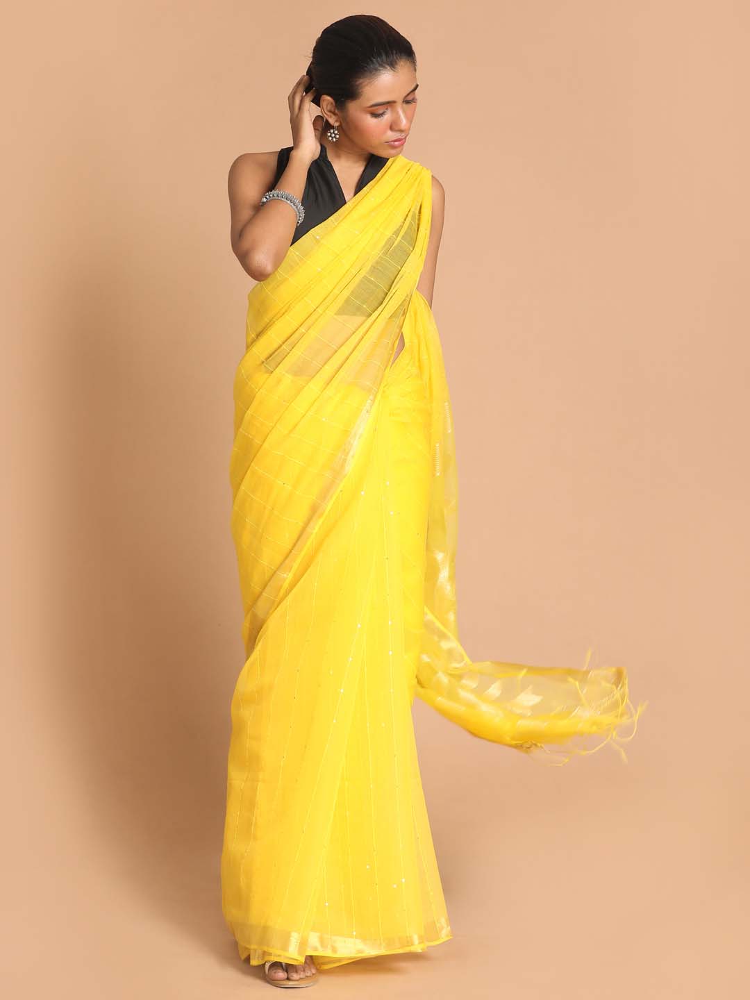 Indethnic Yellow Bengal Handloom Cotton Blend Work Saree - View 1