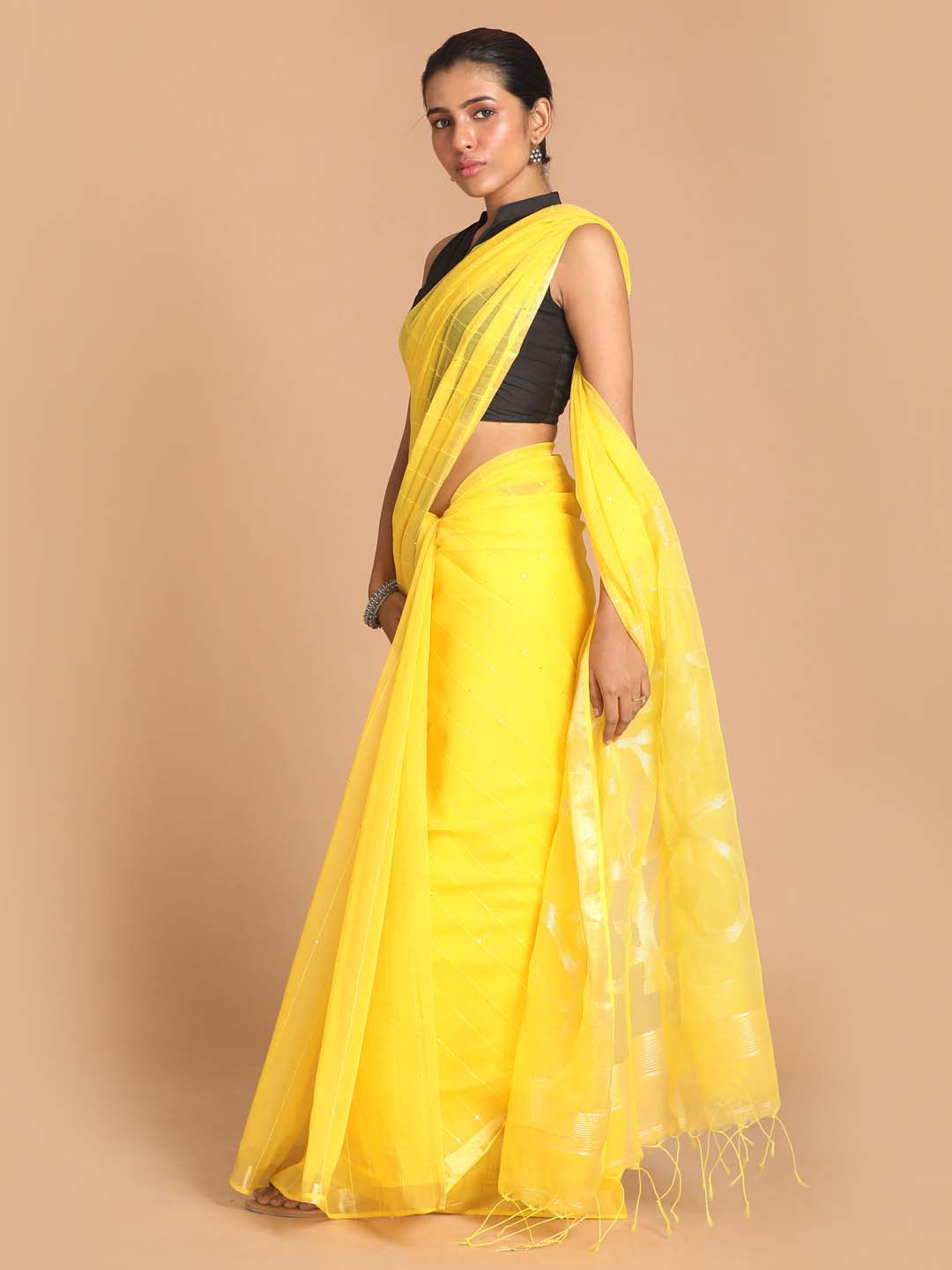 Indethnic Yellow Bengal Handloom Cotton Blend Work Saree - View 2