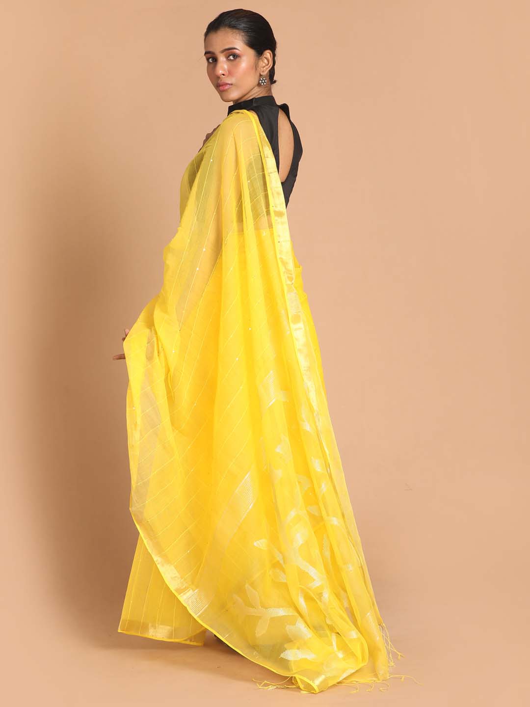 Indethnic Yellow Bengal Handloom Cotton Blend Work Saree - View 3