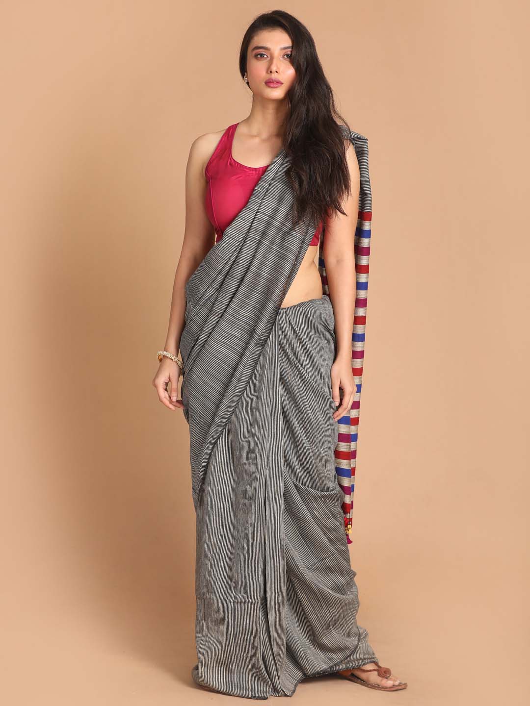 Indethnic Grey Bengal Handloom Silk Saree Work Saree - View 1