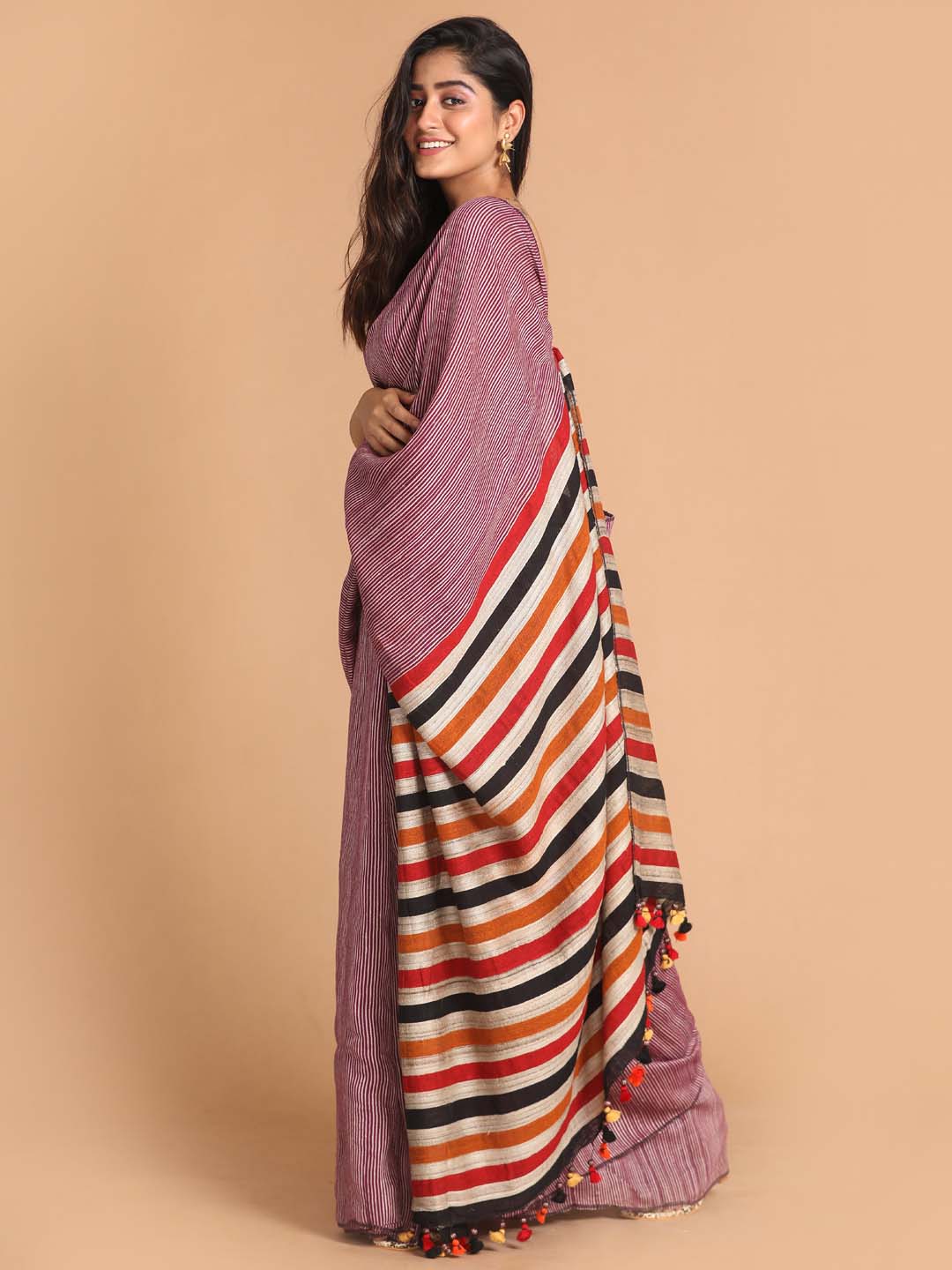 Indethnic Magenta Bengal Handloom Silk Saree Work Saree - View 1