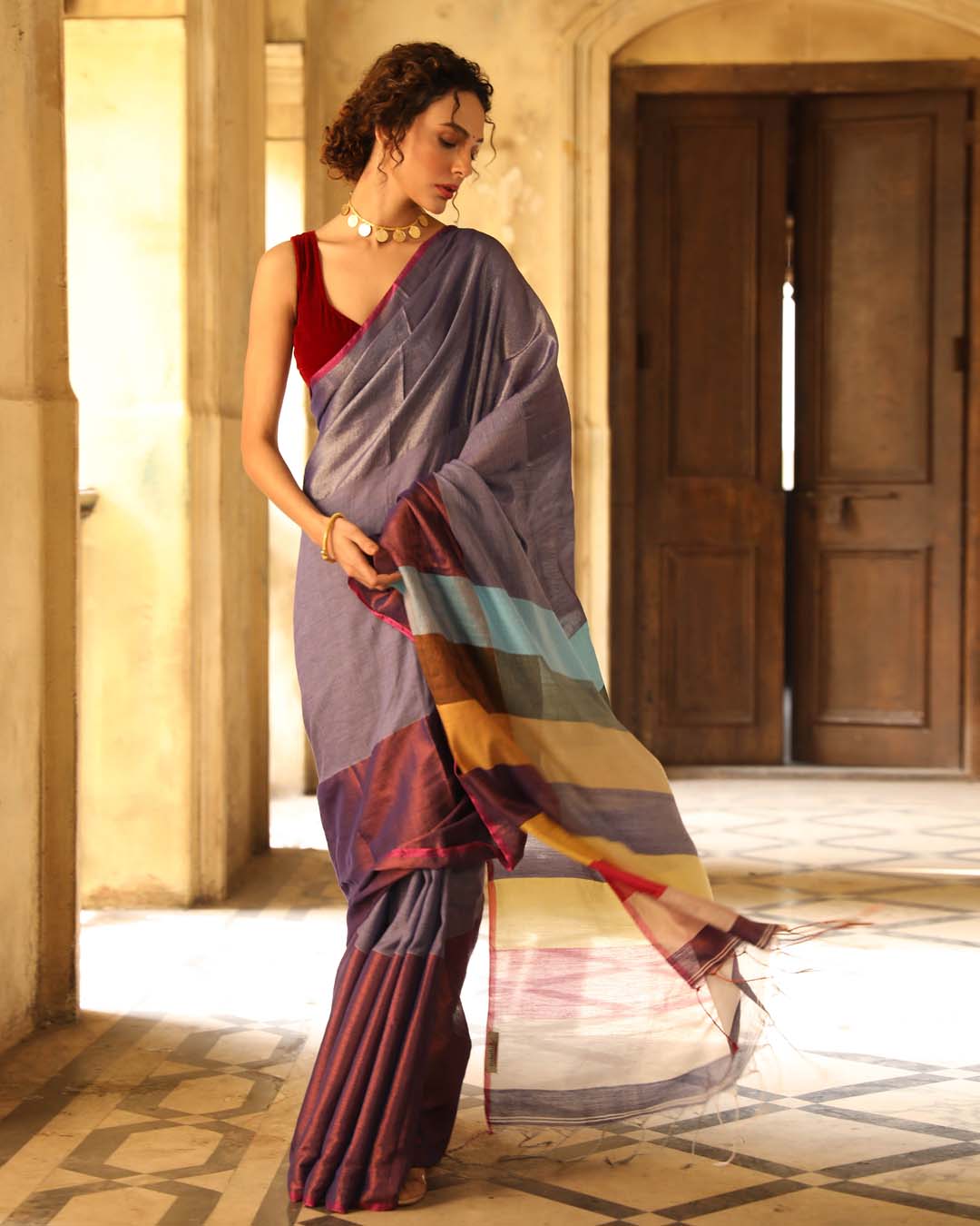 Indethnic Blue Color Blocked Party Wear - View 3