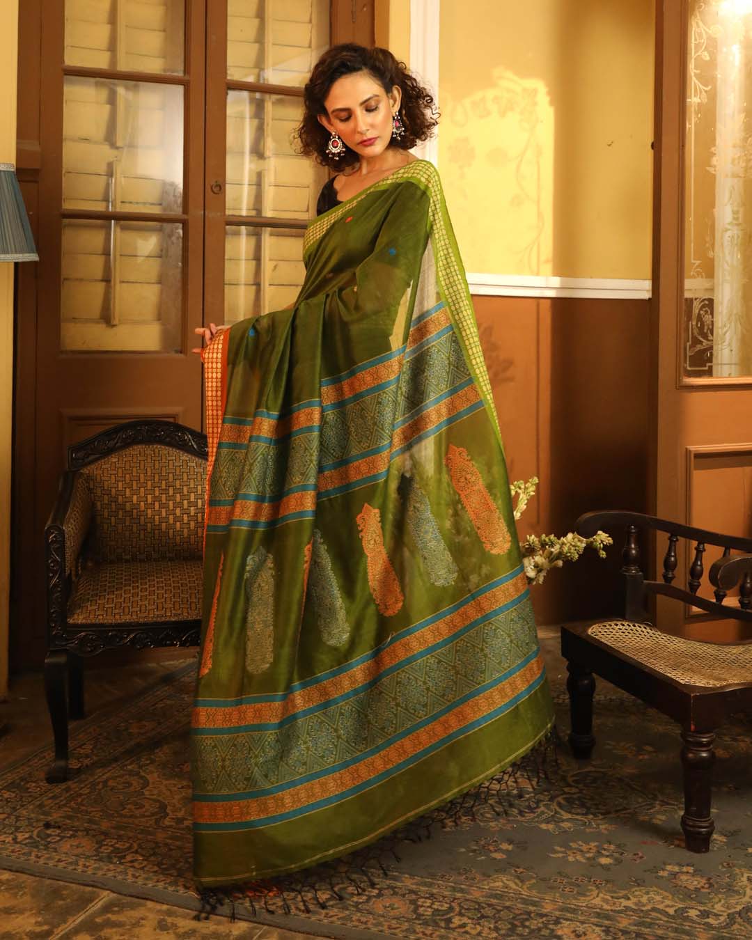 Indethnic Green Woven Design Traditional Wear - View 2