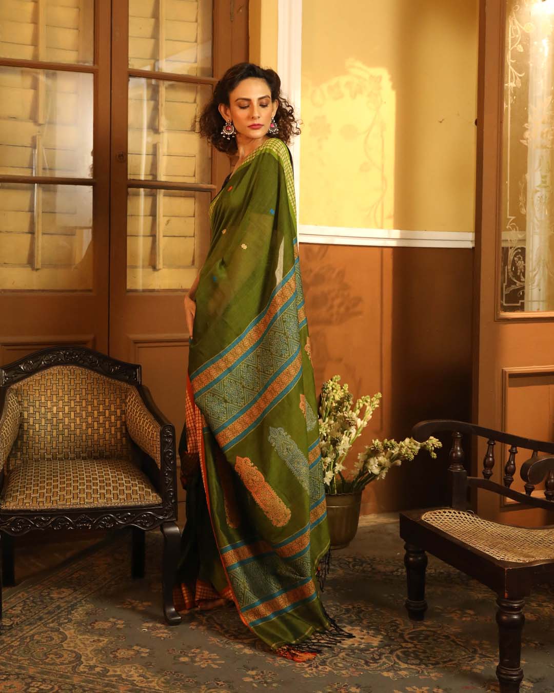 Indethnic Green Woven Design Traditional Wear - View 3