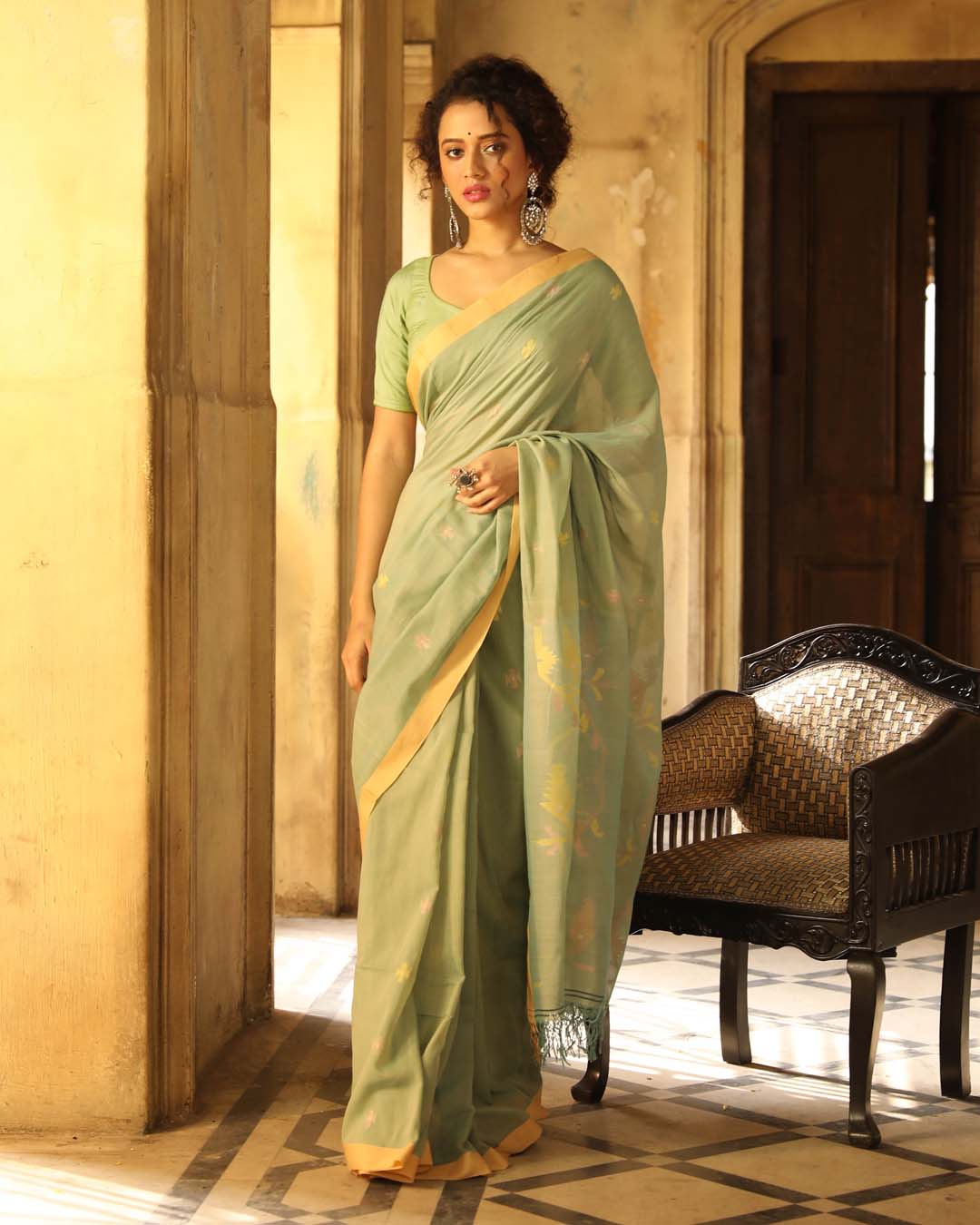 Indethnic Green Woven Design Traditional Wear - View 1