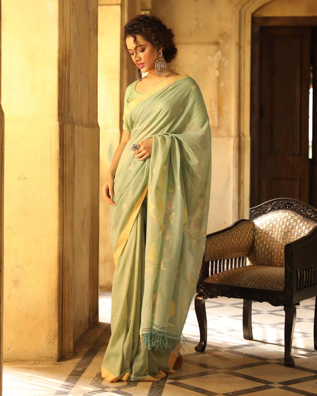 Indethnic Green Woven Design Traditional Wear - View 3