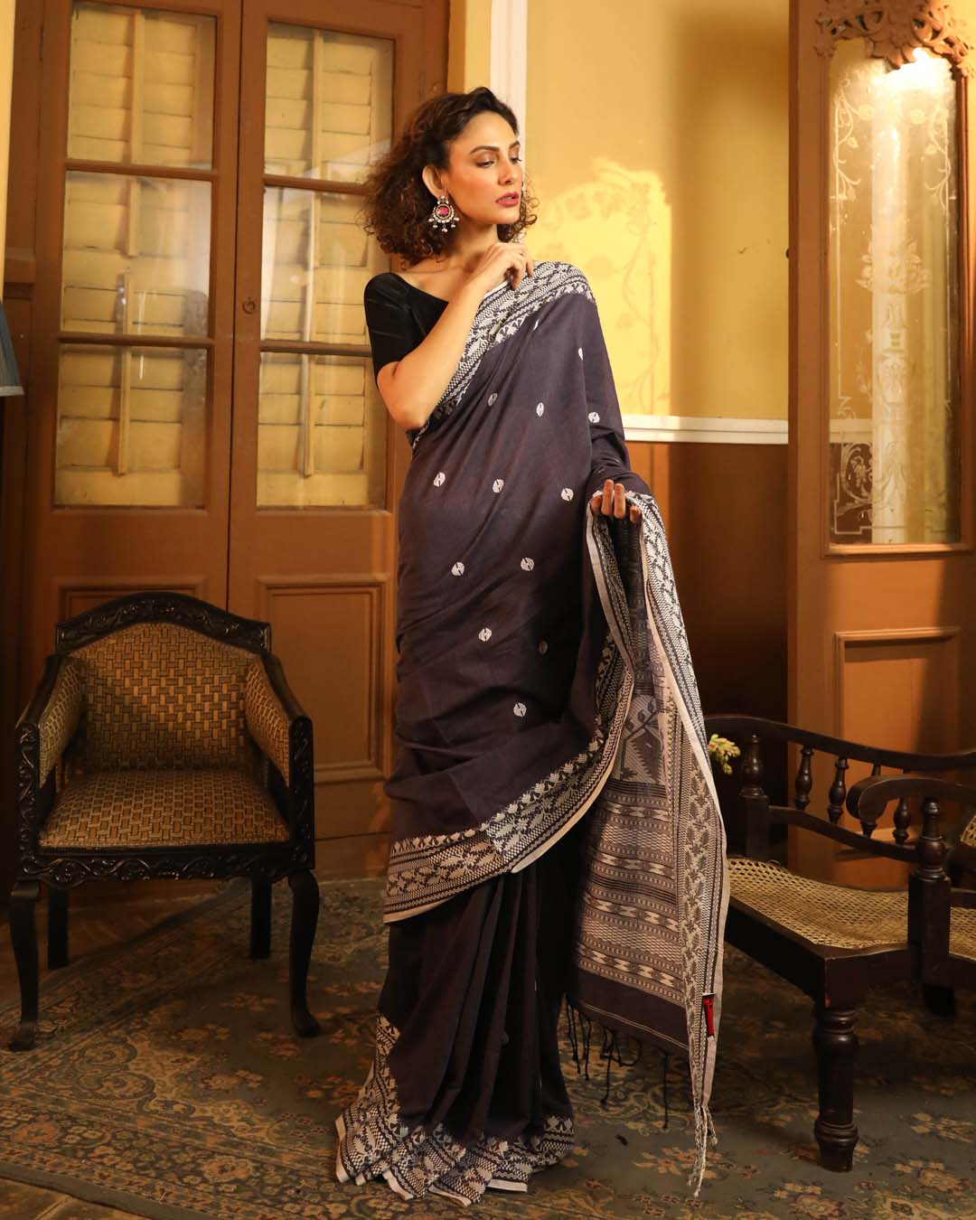 SLATE SERENITY (BENGAL HANDLOOM 100% PURE COTTON SAREE)