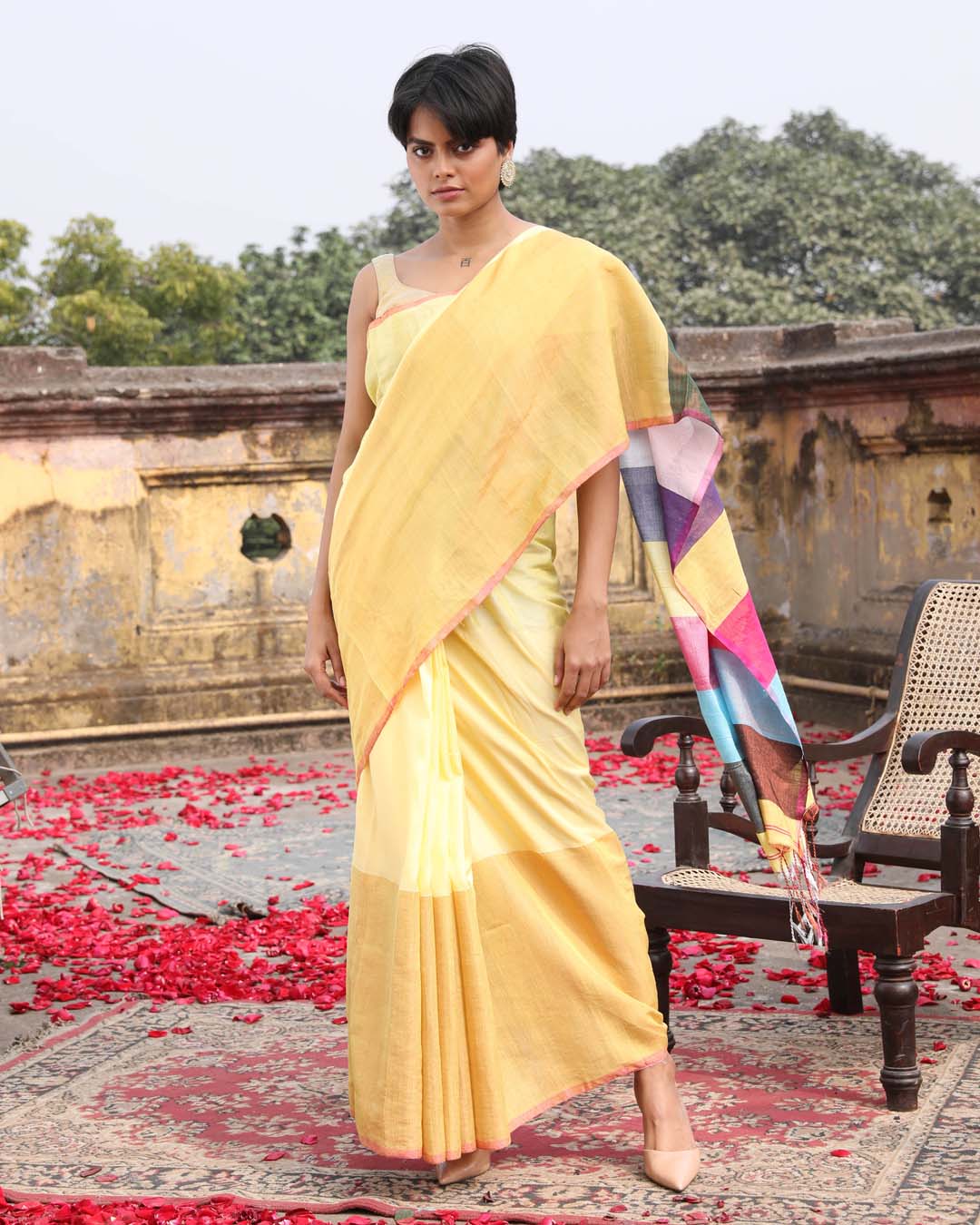Indethnic Yellow Color Blocked Party Wear - View 1