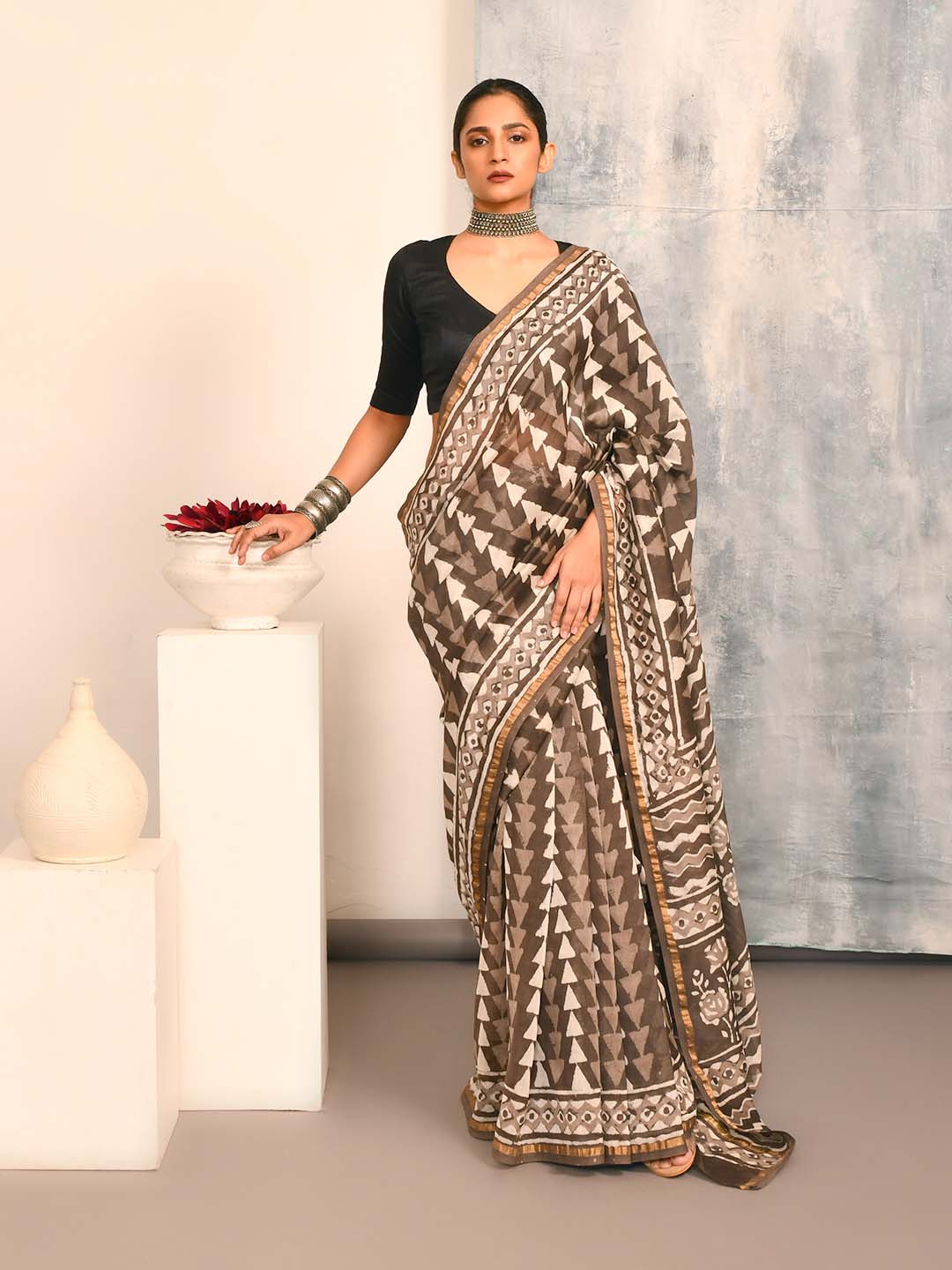 GREY SERENITY (BAGRU SILK COTTON SAREE)